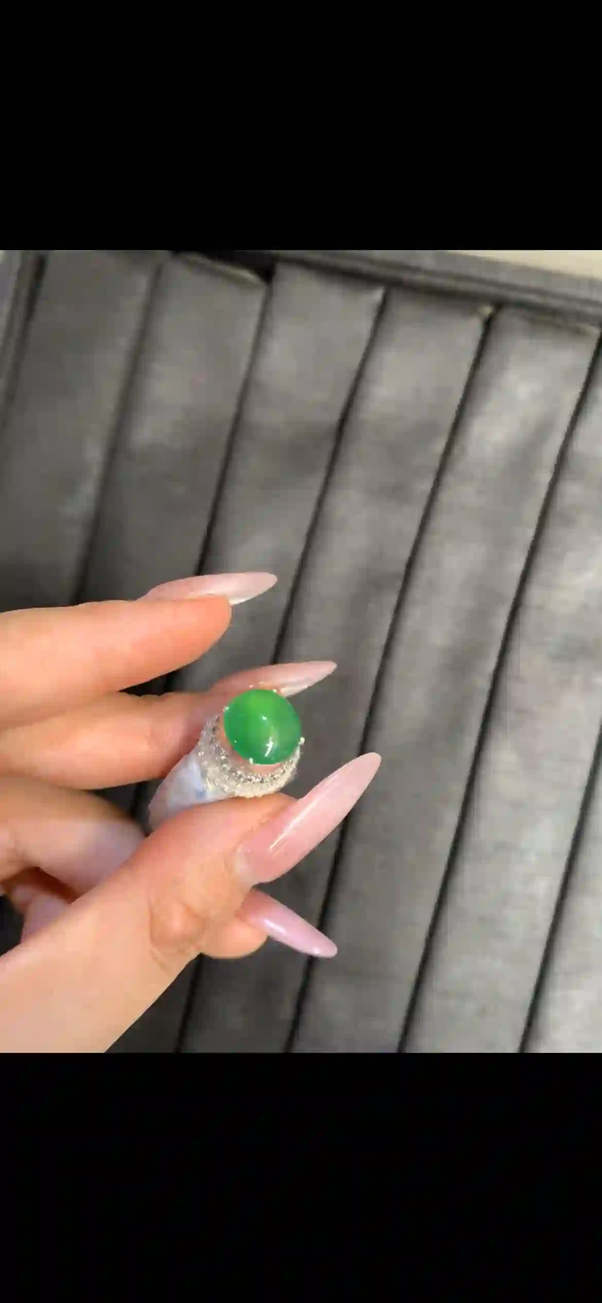 Vivid Emerald‑Green Jadeite Cabochon Ring with Diamond Halo | Myanmar Jadeite reference #9180001