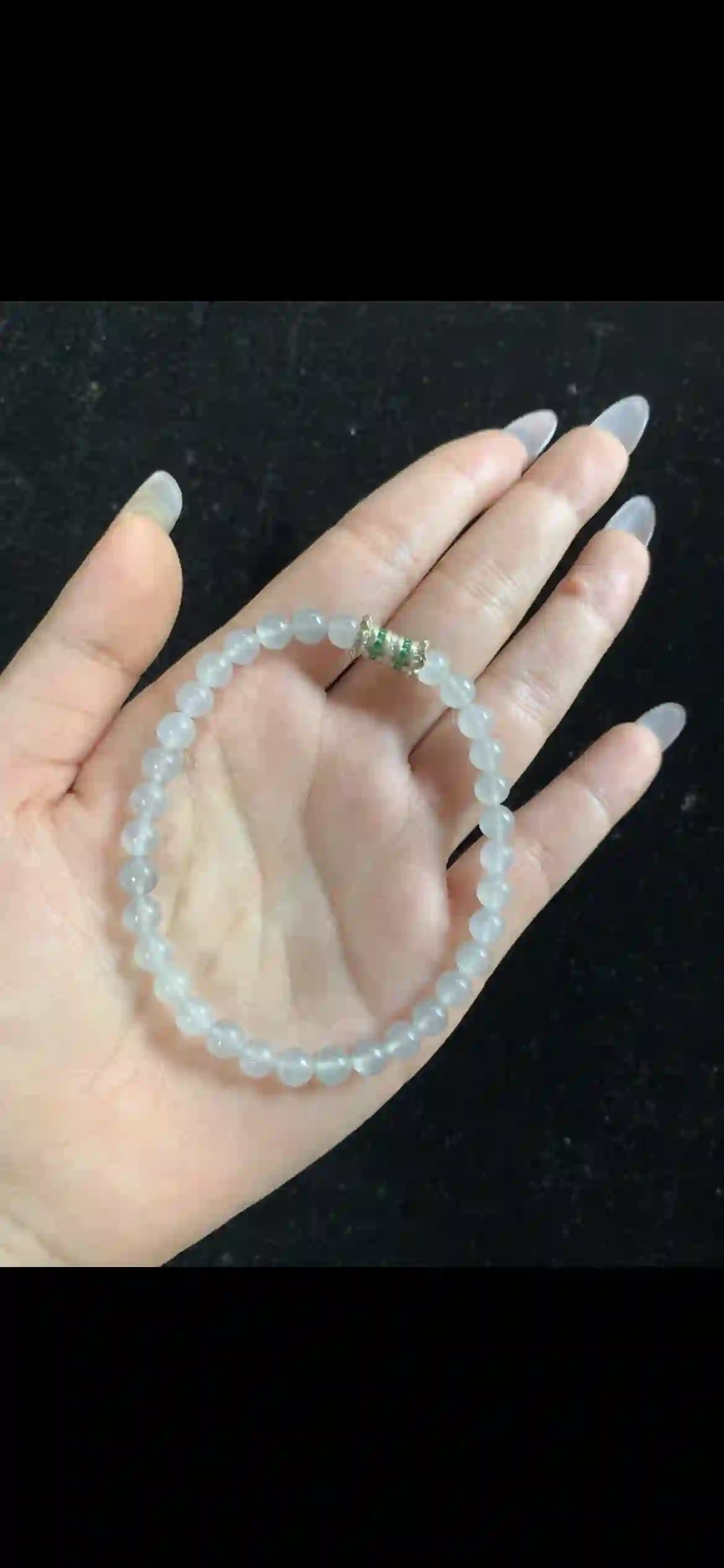 Icy Pale Celadon Jade Bracelet — Dainty Single Strand with Emerald Accent | Myanmar Jadeite reference #33210001