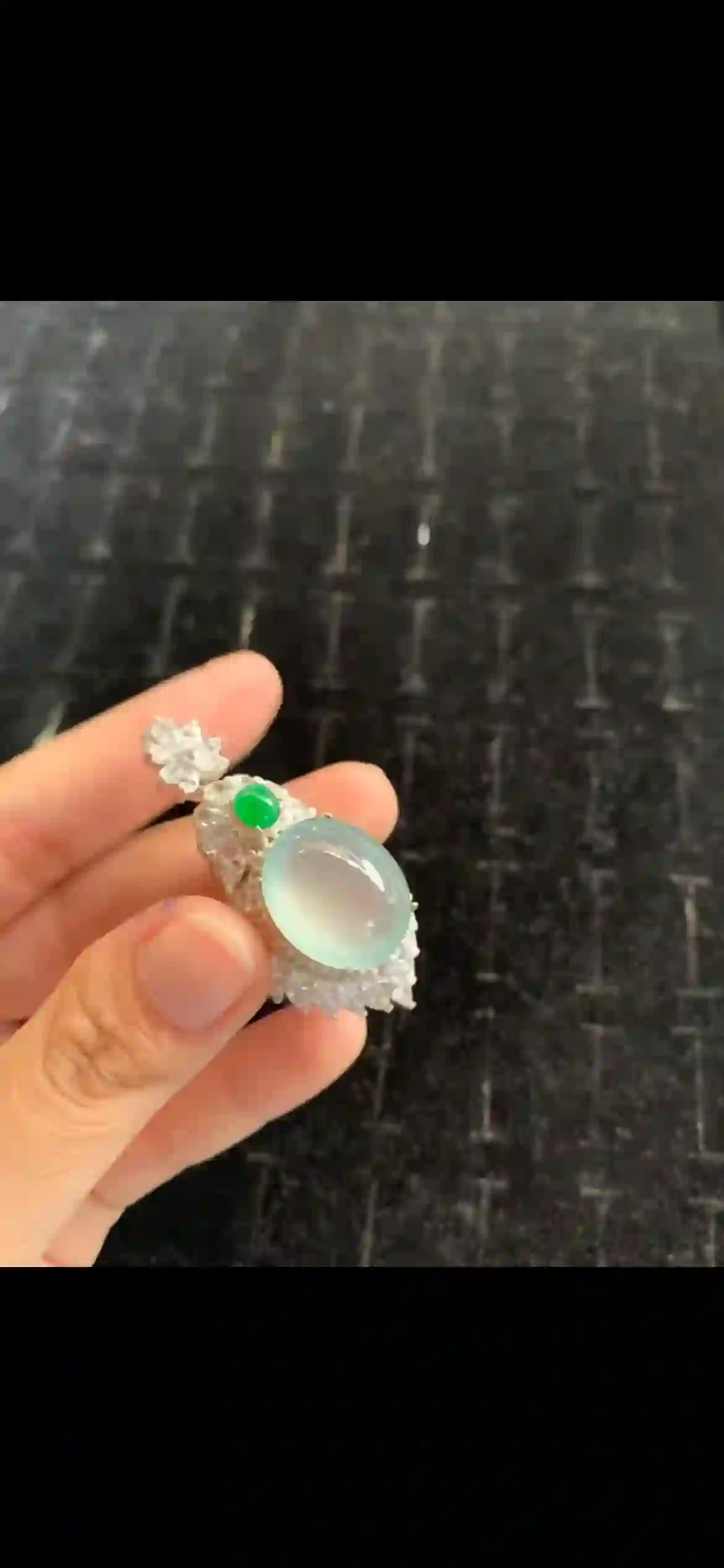 High-Icy Pale Blue-Green Jadeite Cabochon Pendant with Diamond Halo & Emerald Accent, view 2 | Myanmar Jadeite reference #20160001