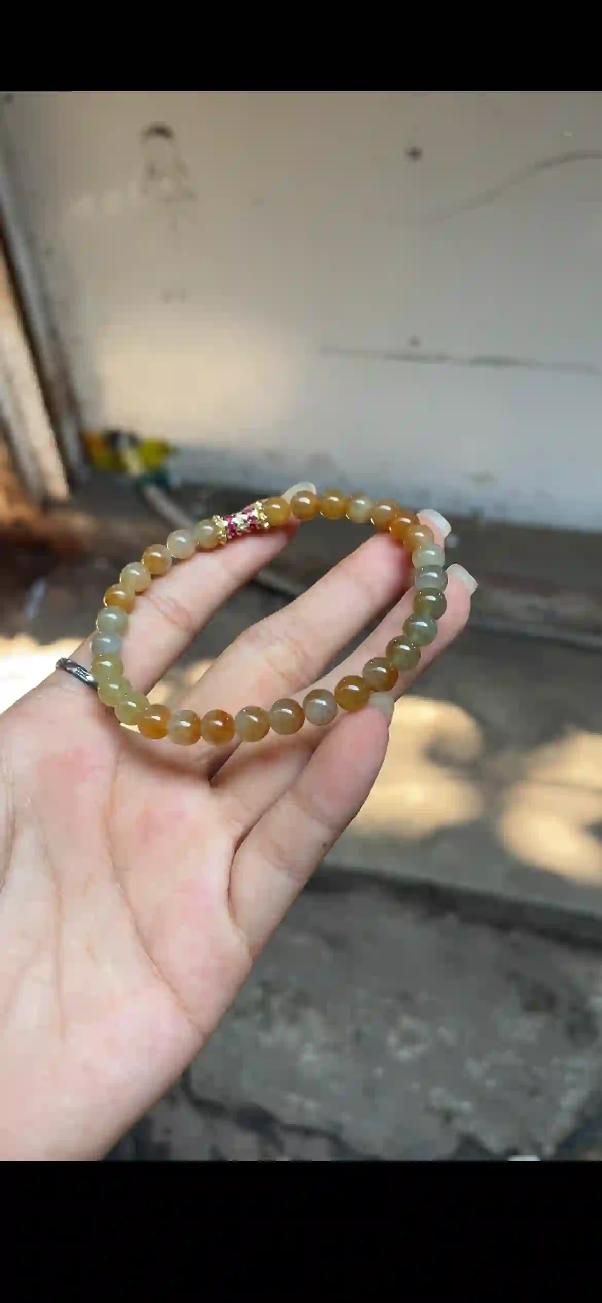 Warm Honey & Olive Jade Gradient Bracelet — Gold & Ruby Accent Spacer, view 2 | Myanmar Jadeite reference #29310001