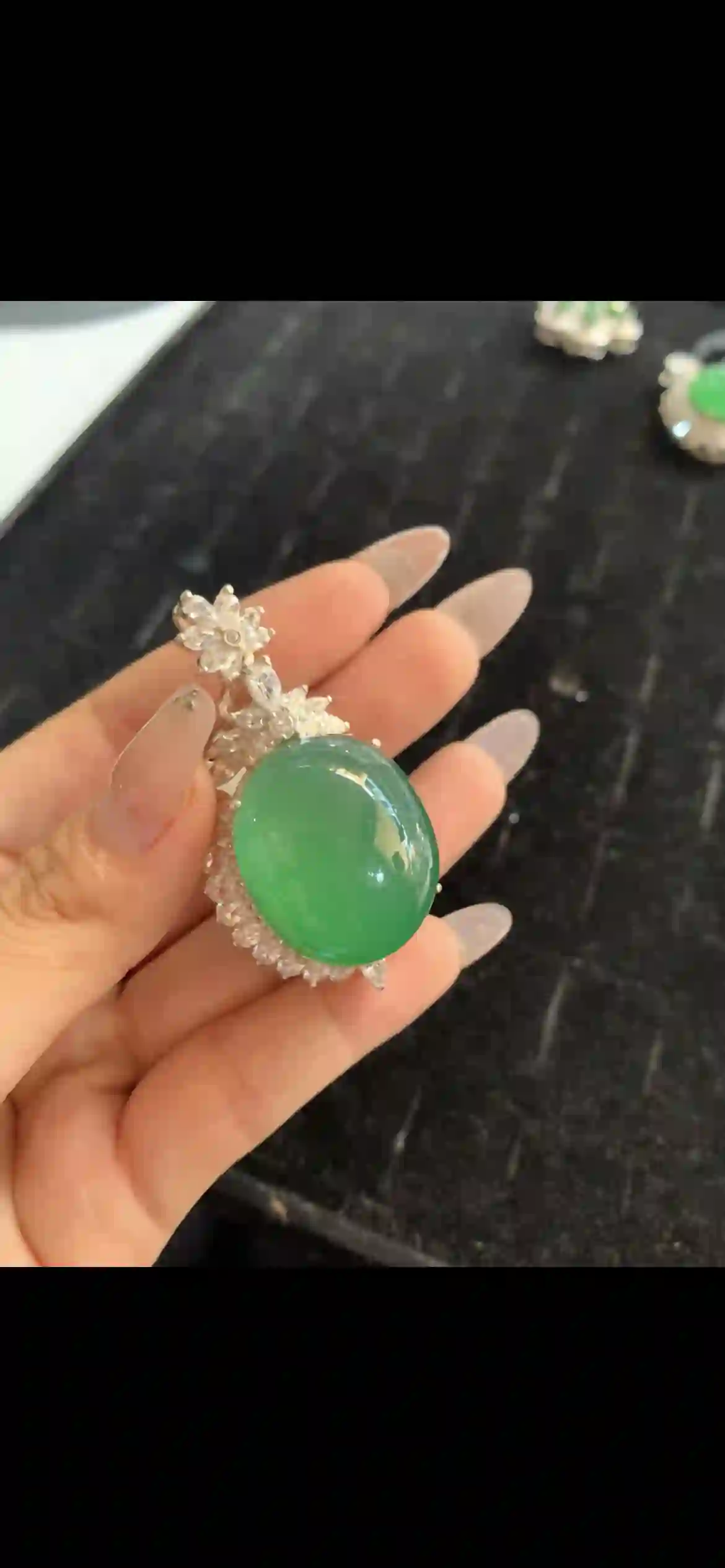 Large Round Green Jade Cabochon Pendant — Sterling Silver with Diamond Halo & Starburst Top | Myanmar Jadeite reference #28920001