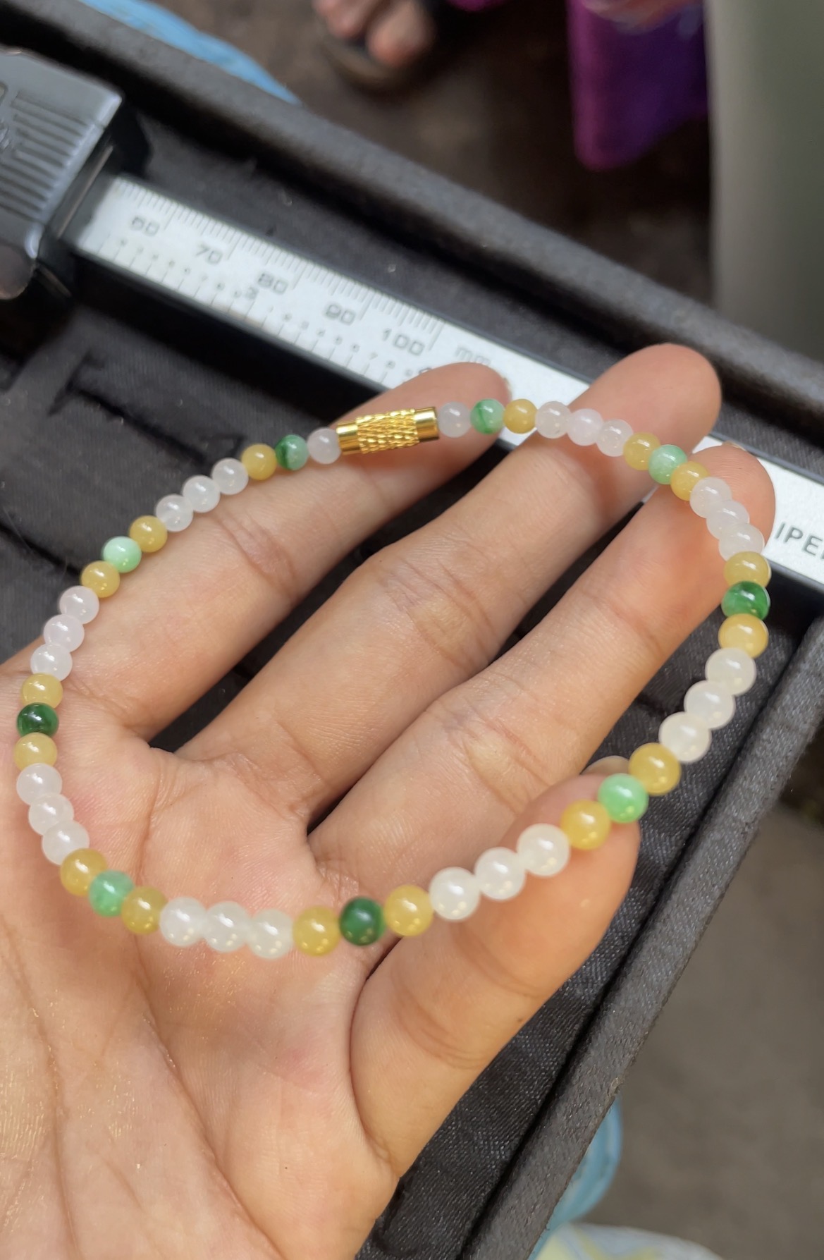 Natural Multicolor Jade Bead Bracelet with Gold Accent - Burmese Jadeite from Myanmar