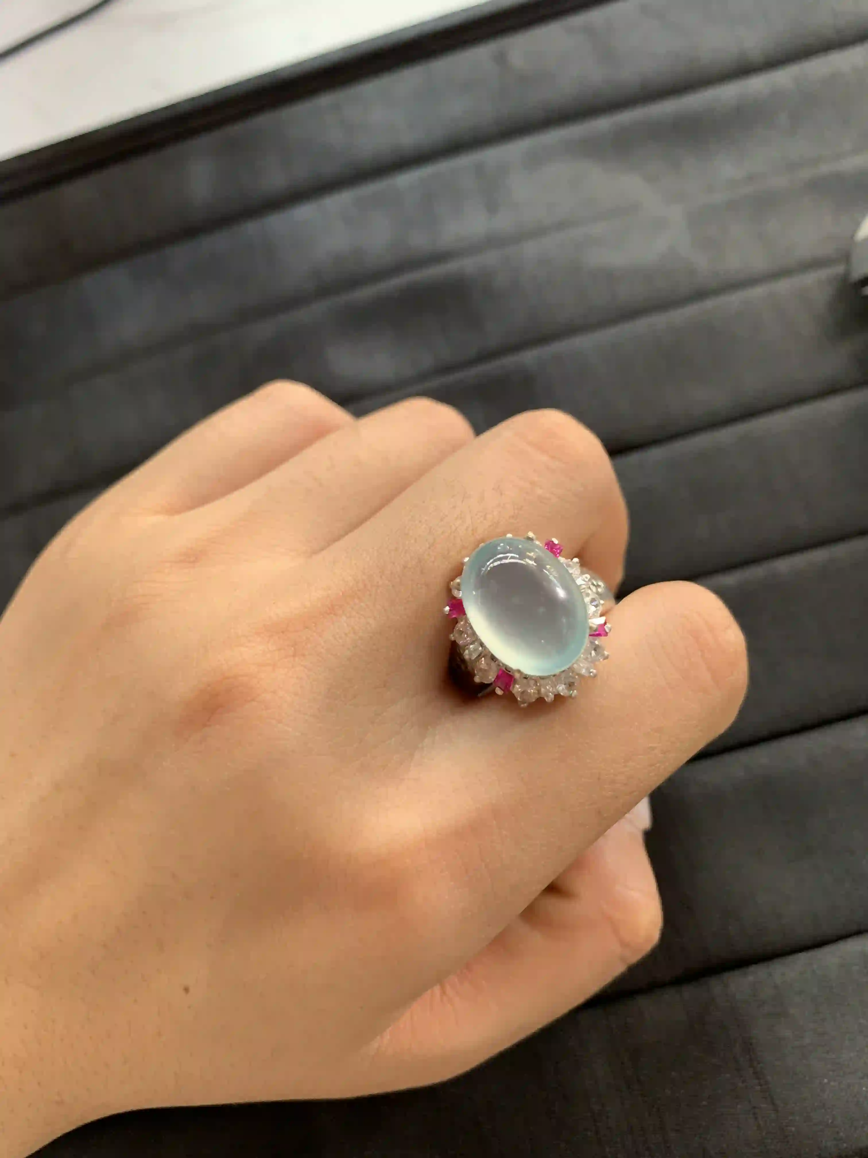 Stunning Translucent Light Blue Gemstone Ring with Pink Accents, view 2 | Myanmar Jadeite reference #1320005