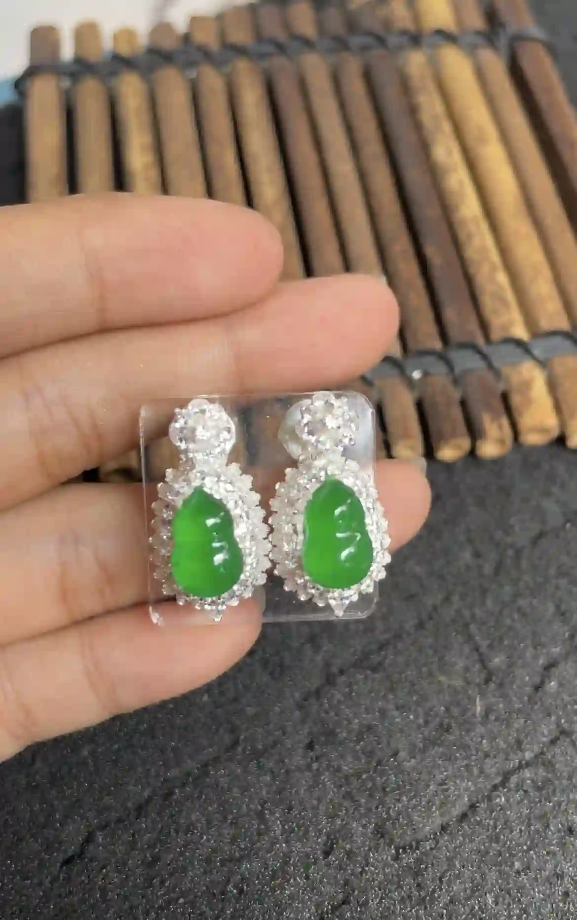 Vivid Green Jade Gourd Earrings, view 2 | Myanmar Jadeite reference #2280002
