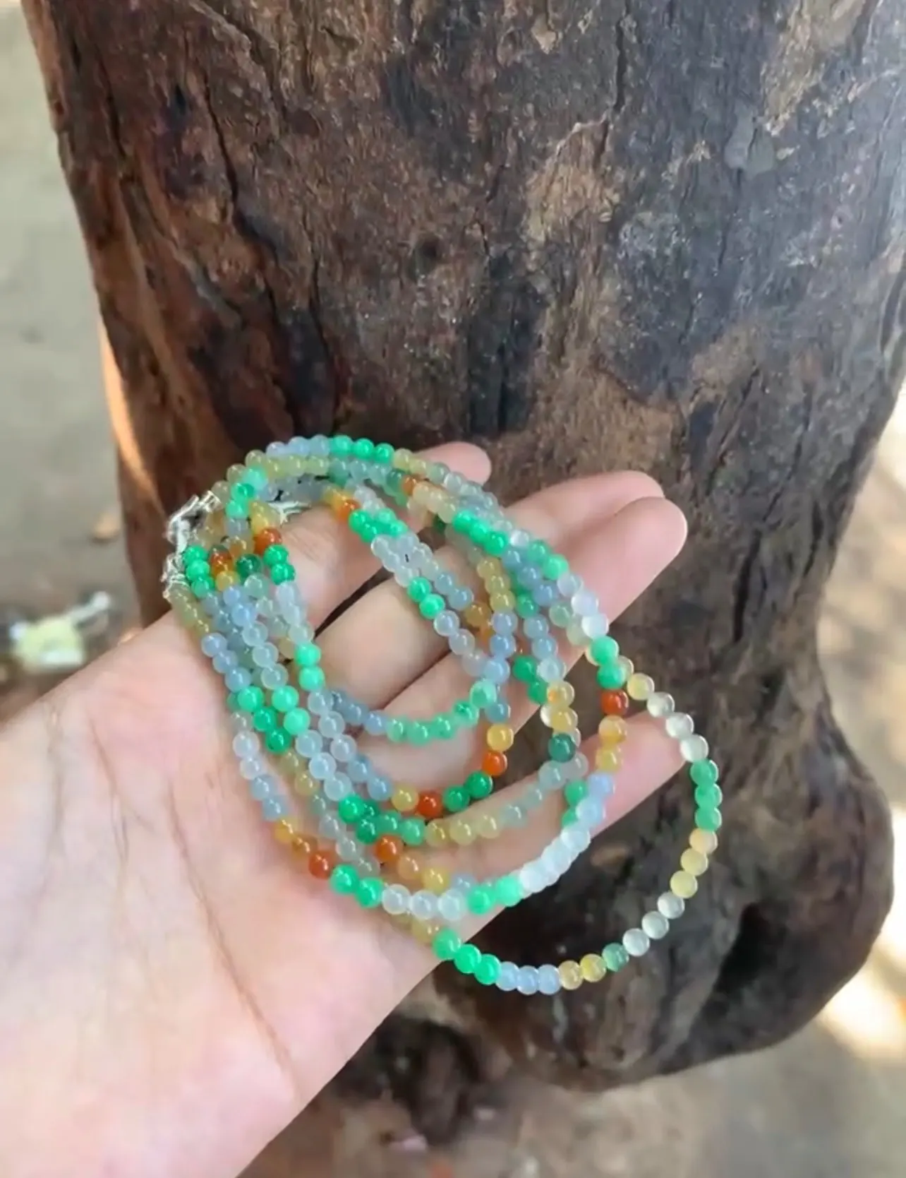 Natural High-Translucency Glassy/Ice Variety Multi-Color Imperial Green, Mint, Honey & Russet Jadeite Multi-Strand Bead Necklace / Bracelet Set with Silver Clasp | Myanmar Jadeite reference #39540001