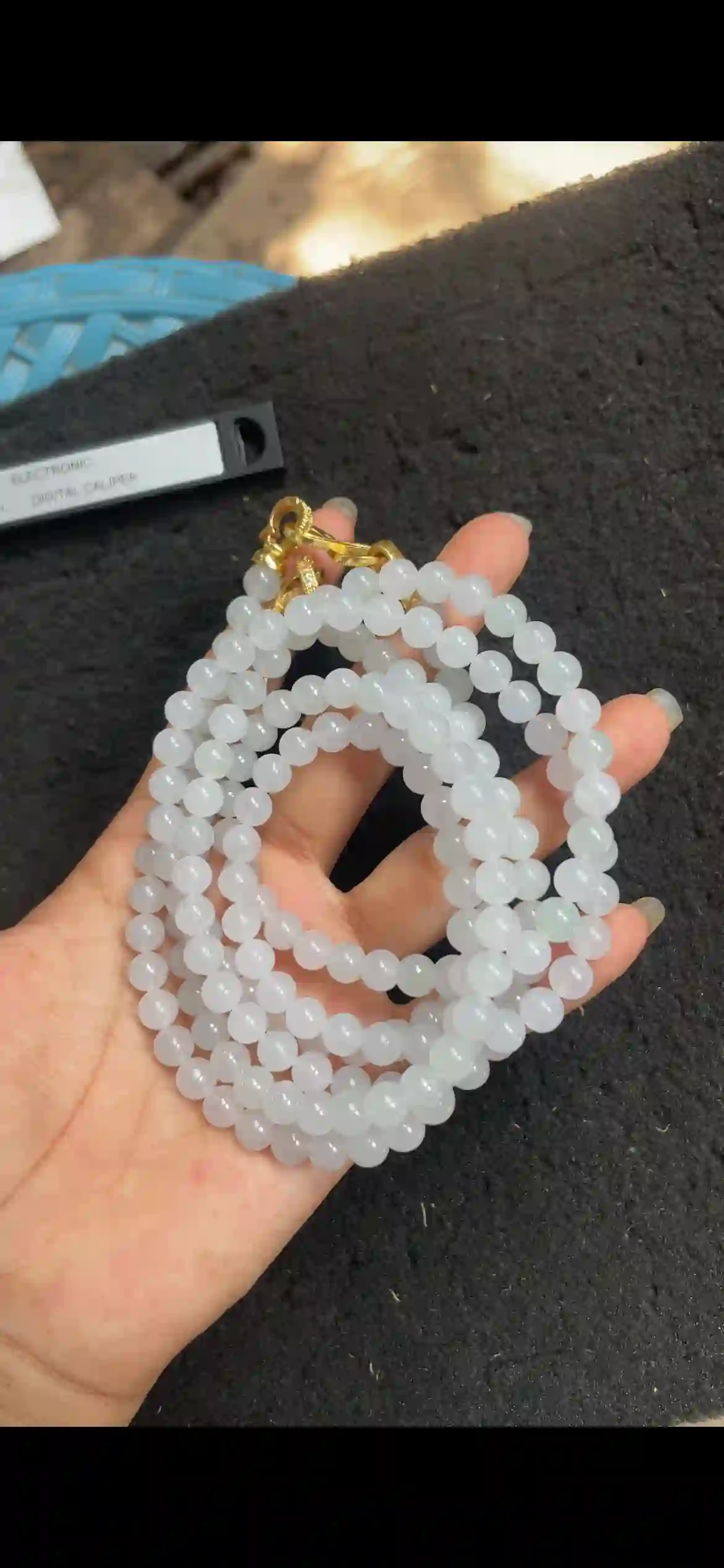 Icy White Jadeite Beaded Necklace with Gold Clasp, view 2 | Myanmar Jadeite reference #4320001
