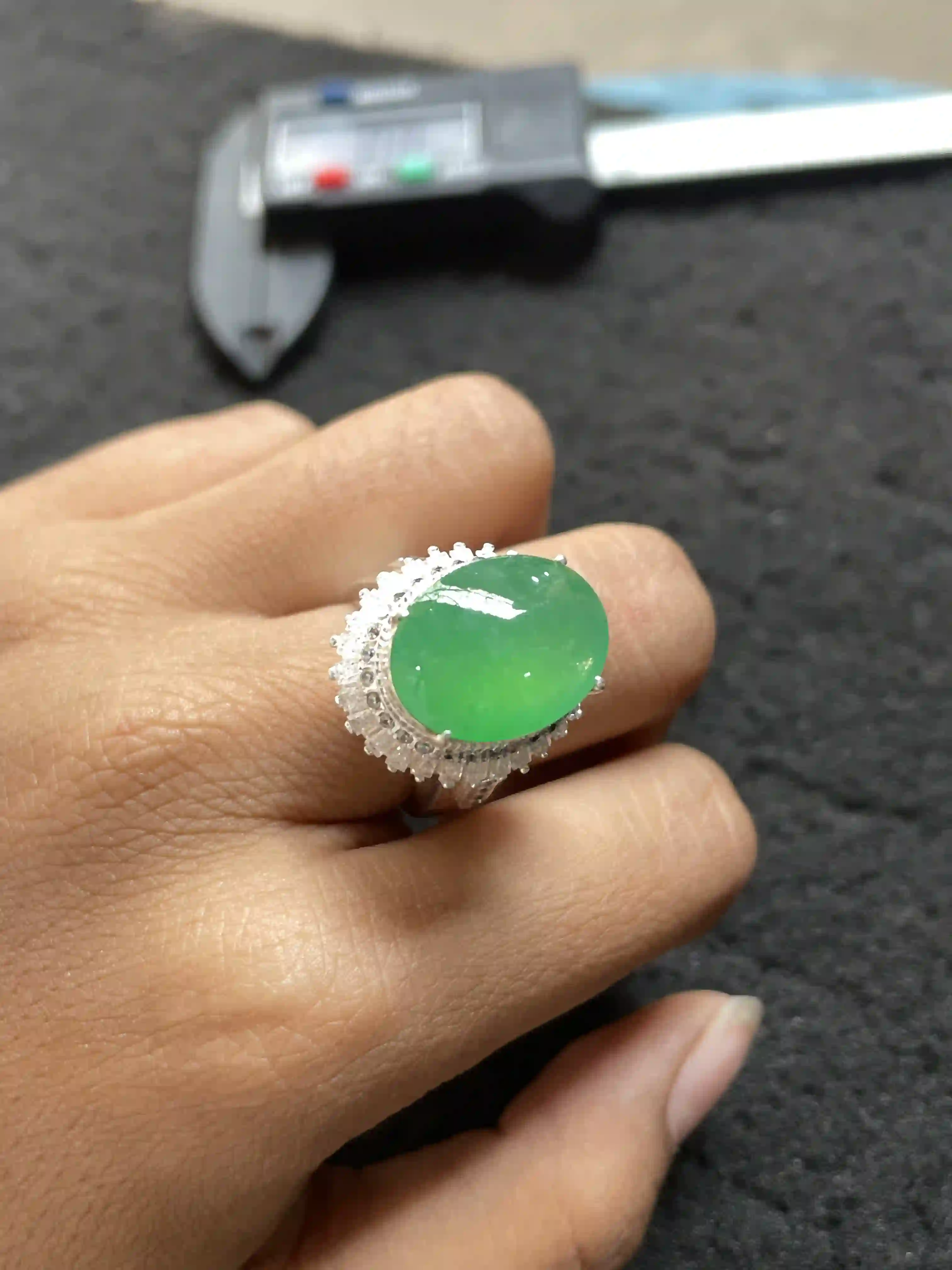  Large Oval Green Jadeite Cocktail Ring with Sparkling Halo | Myanmar Jadeite reference #870001