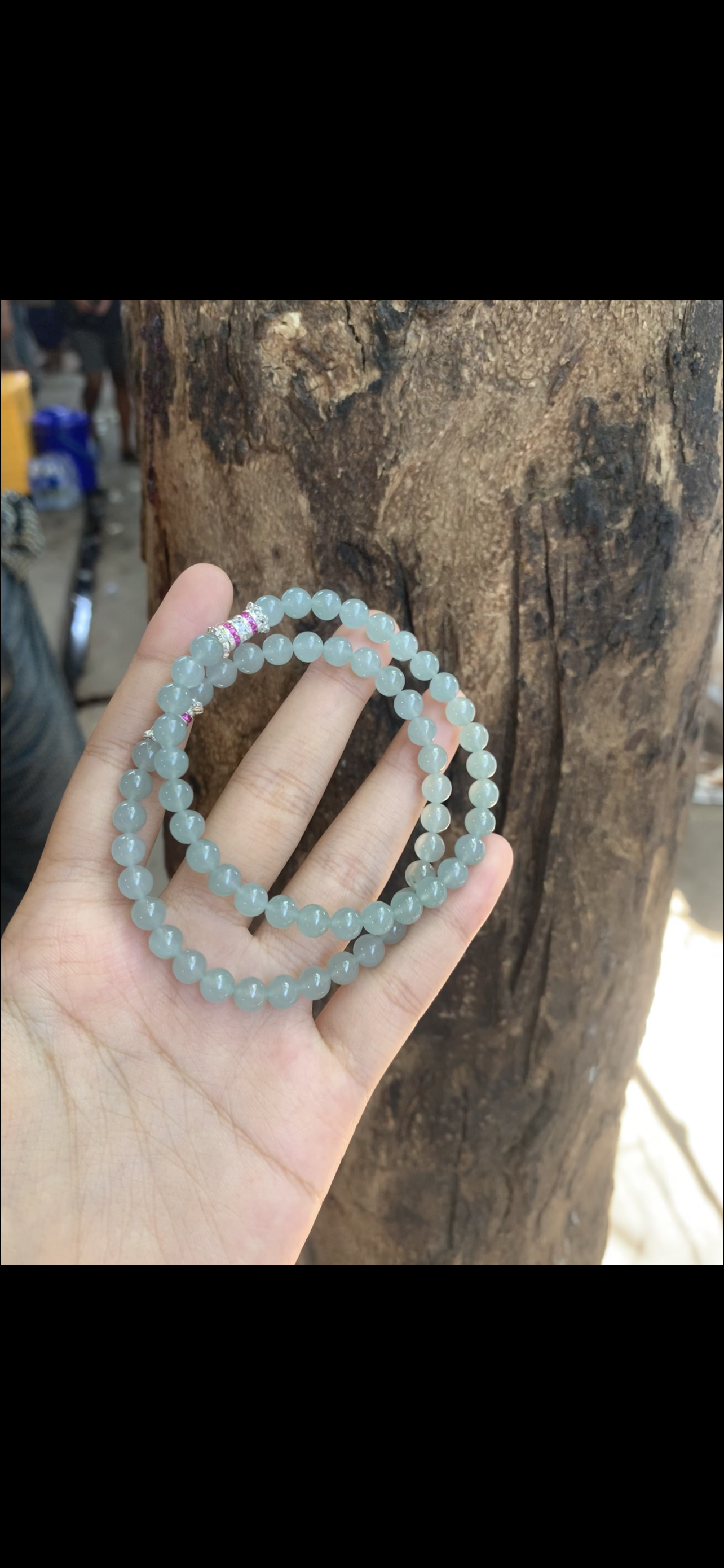 Natural Ice Light Green Jadeite Bead Bracelet Pair with Silver Accent - Burmese Jadeite from Myanmar