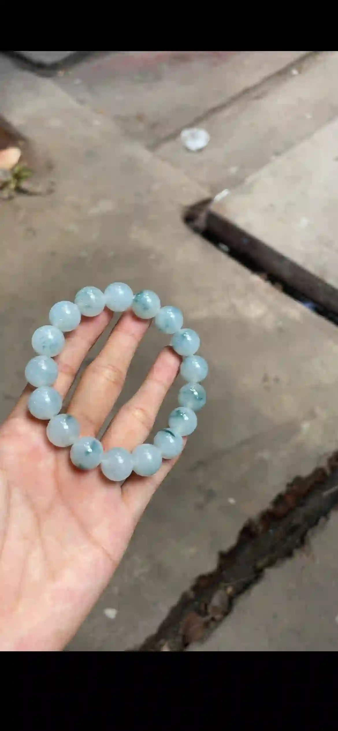 Icy White Jade Bracelet with Floating Blue-Green Inclusions, view 2 | Myanmar Jadeite reference #22560001