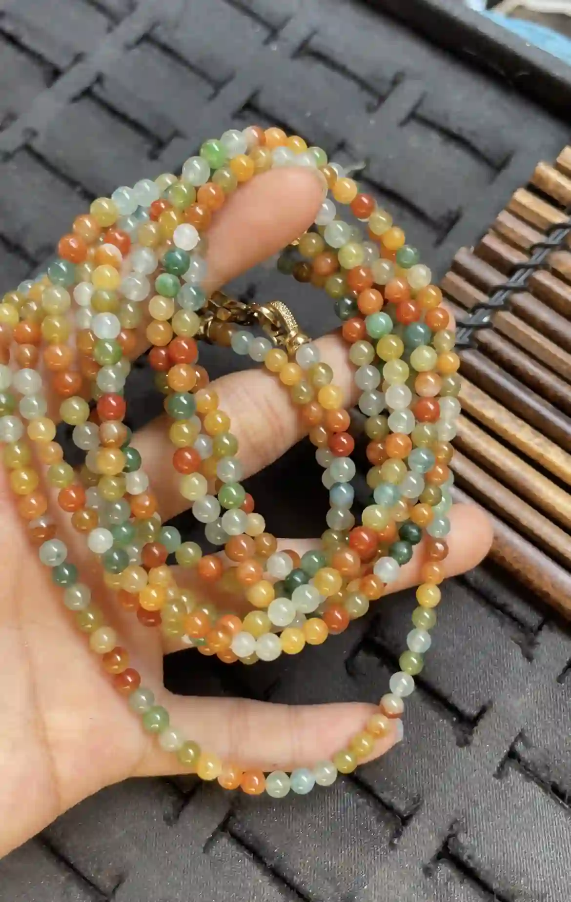 Natural Multicolor Jade Bead Necklace with Gold Clasp, view 2 | Myanmar Jadeite reference #2520010