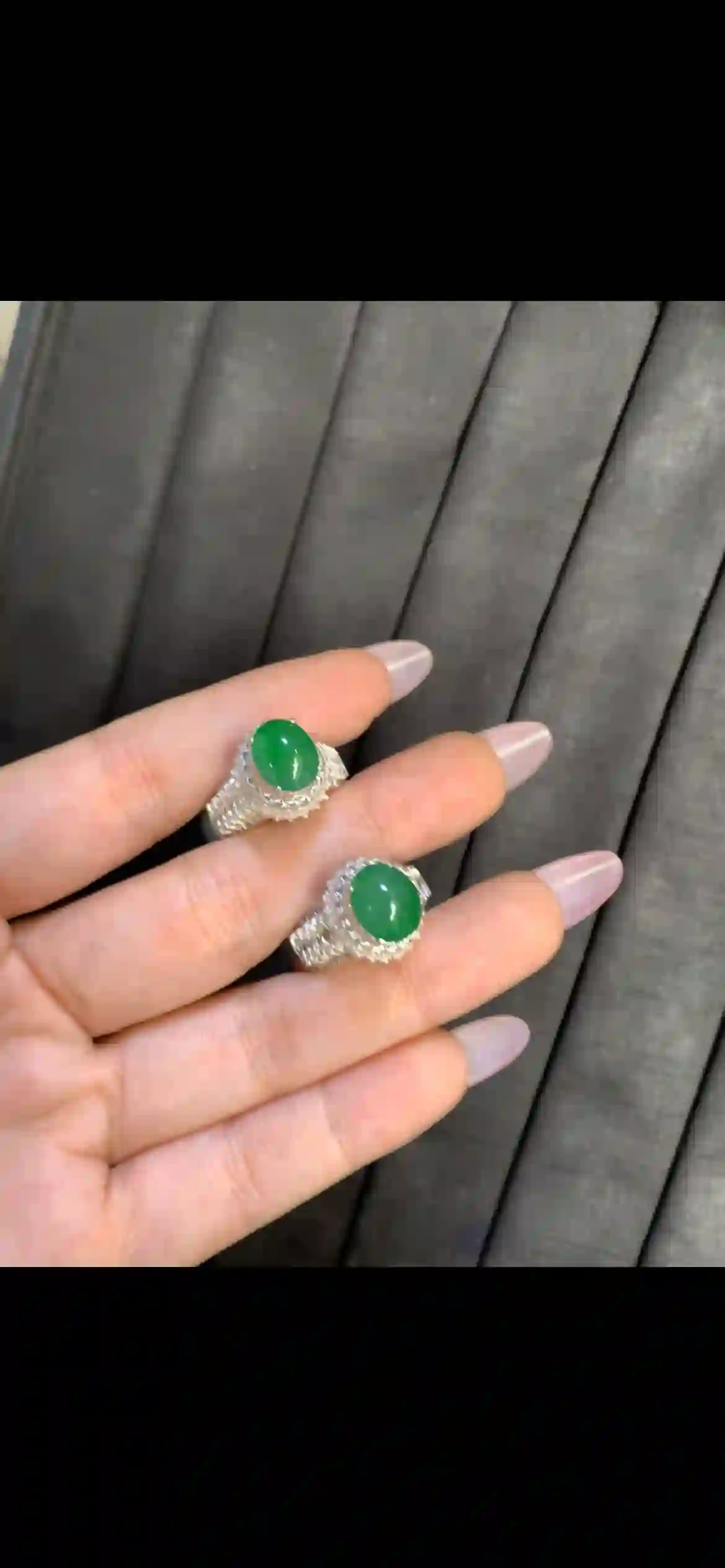 Pair of Vivid Emerald‑Green Jadeite Halo Cocktail Rings, view 2 | Myanmar Jadeite reference #9120001