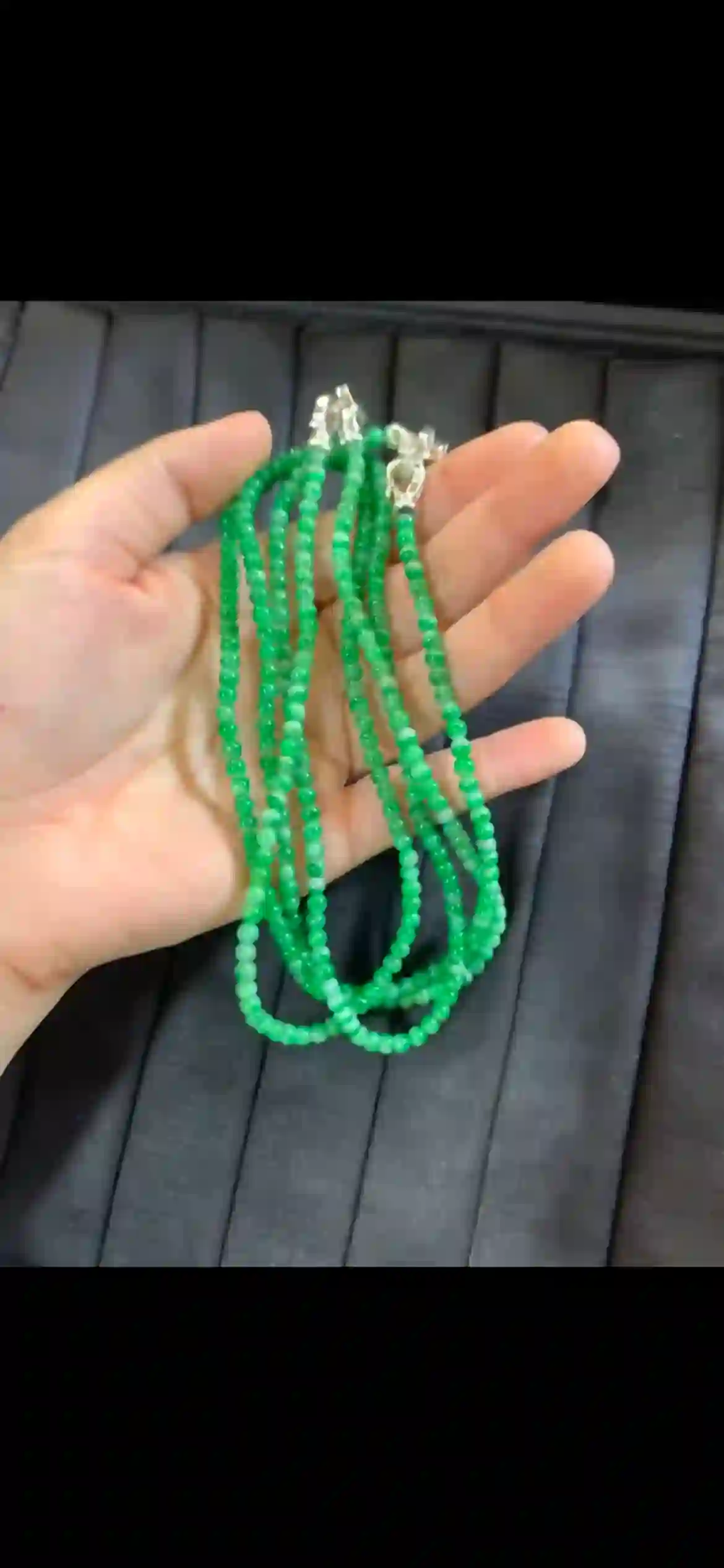 Vibrant Green Jadeite Mini Bead Necklaces with Silver Clasps, view 2 | Myanmar Jadeite reference #6900004
