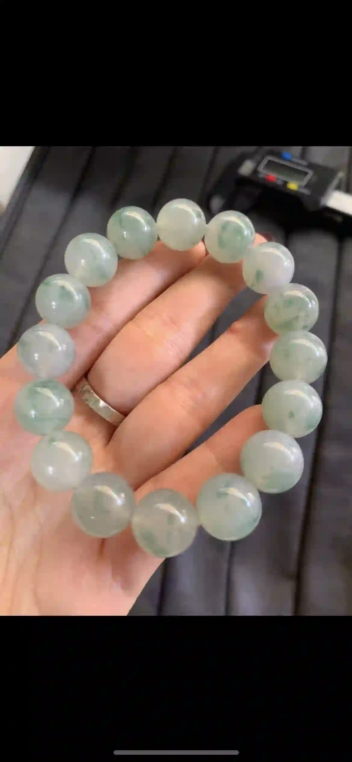 Icy Translucent Floating Green Pattern Jadeite Beaded Bracelet, view 2 | Myanmar Jadeite reference #3870001
