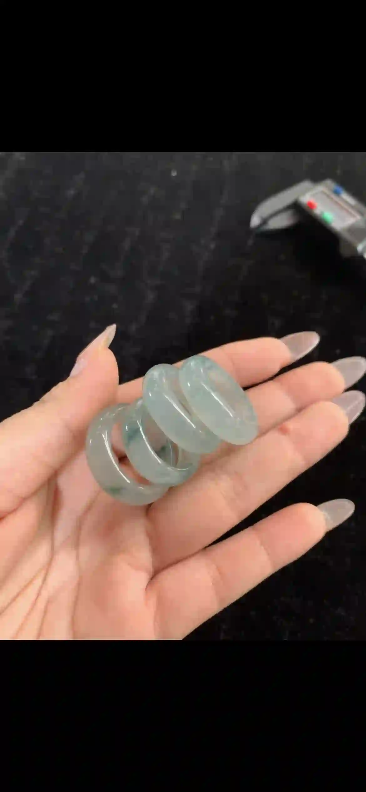 Icy Floating Green Jade Band Rings – Set of Four Translucent Jadeite Rings | Myanmar Jadeite reference #31590001