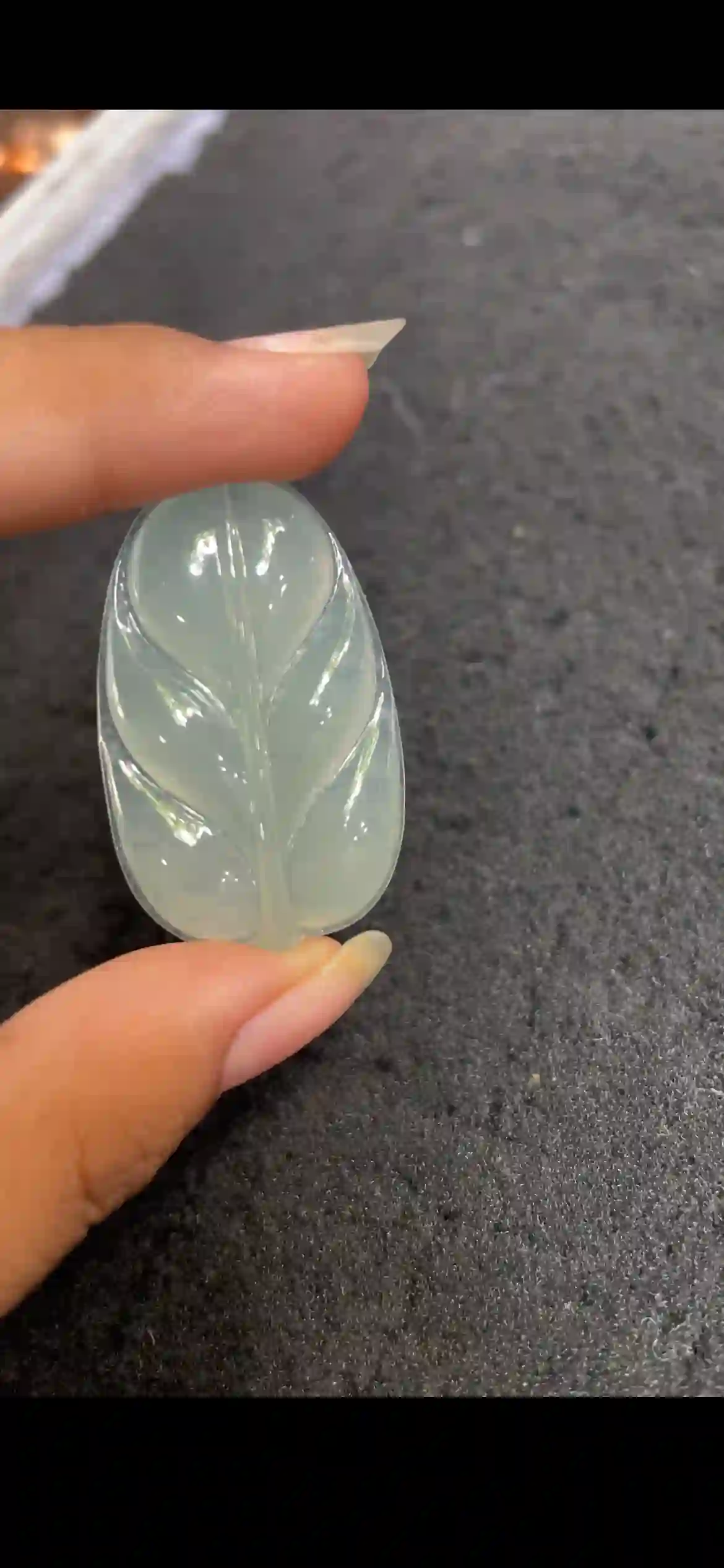 Icy Pale Green Jade Leaf Pendant, Natural Translucent Carved Gemstone | Myanmar Jadeite reference #28410001