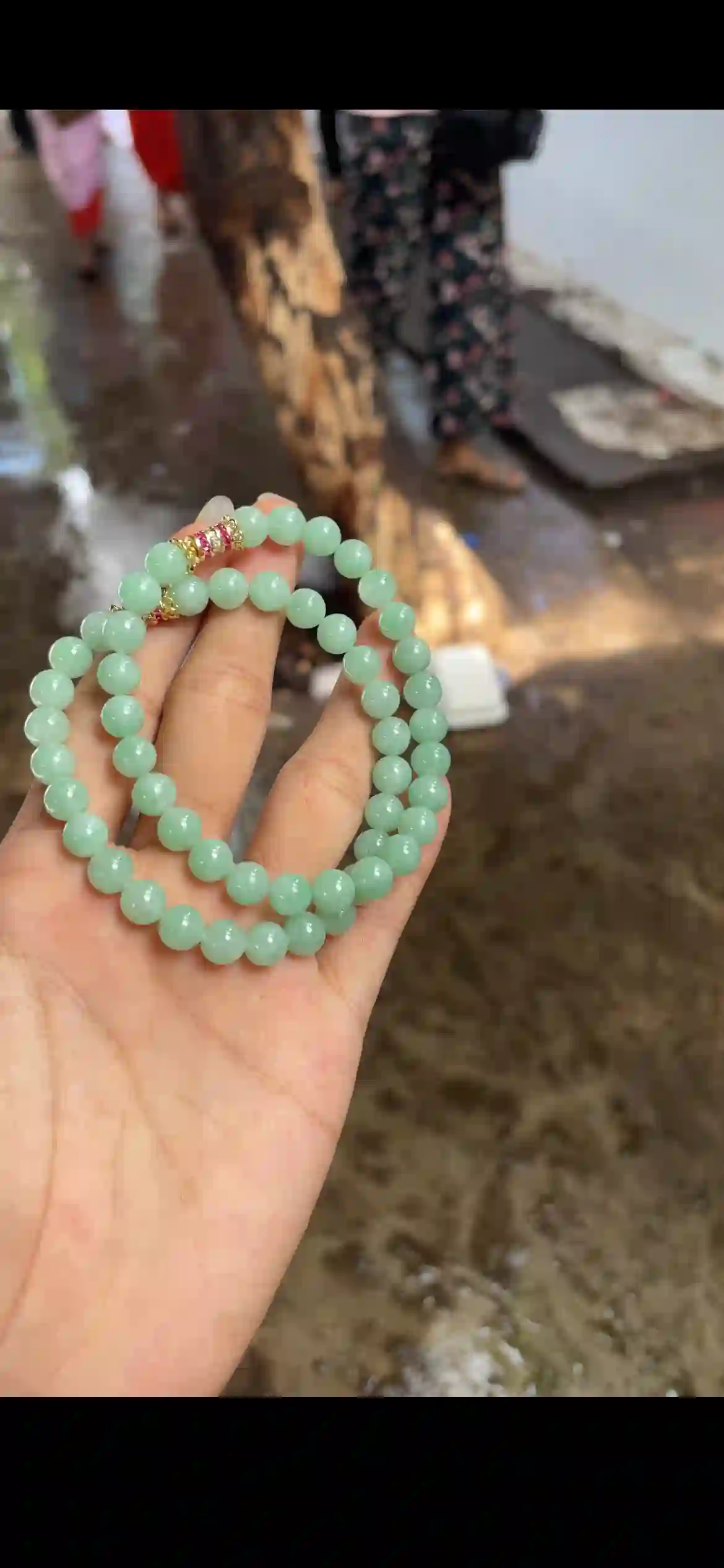 Serene Mint Green Jade Bead Bracelet — Double Strand with Gold & Pink Accent, view 2 | Myanmar Jadeite reference #27900001