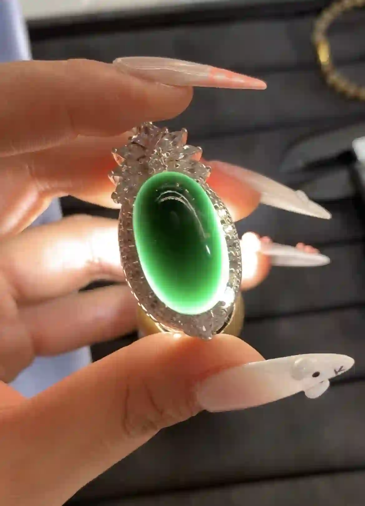  Luxurious Vivid Green Gemstone Ring with Sparkling Accents, view 2 | Myanmar Jadeite reference #1110002