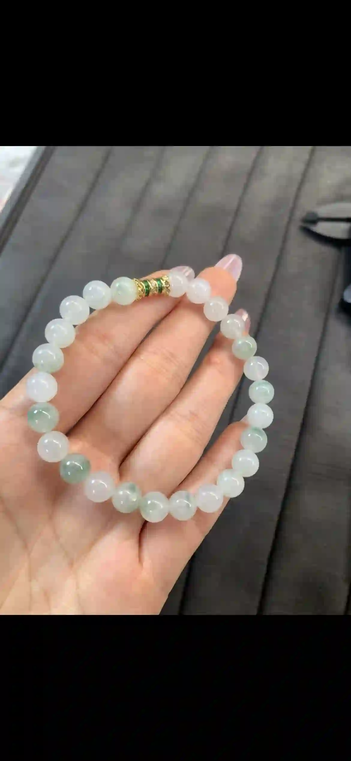 cy Floating Green Jadeite Round Bead Bracelet, view 2 | Myanmar Jadeite reference #10560001