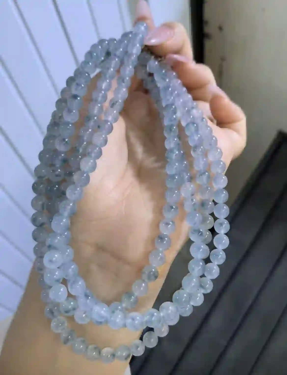 Icy Blue Floating Flower Jadeite Bead Necklace, view 2 | Myanmar Jadeite reference #8310003