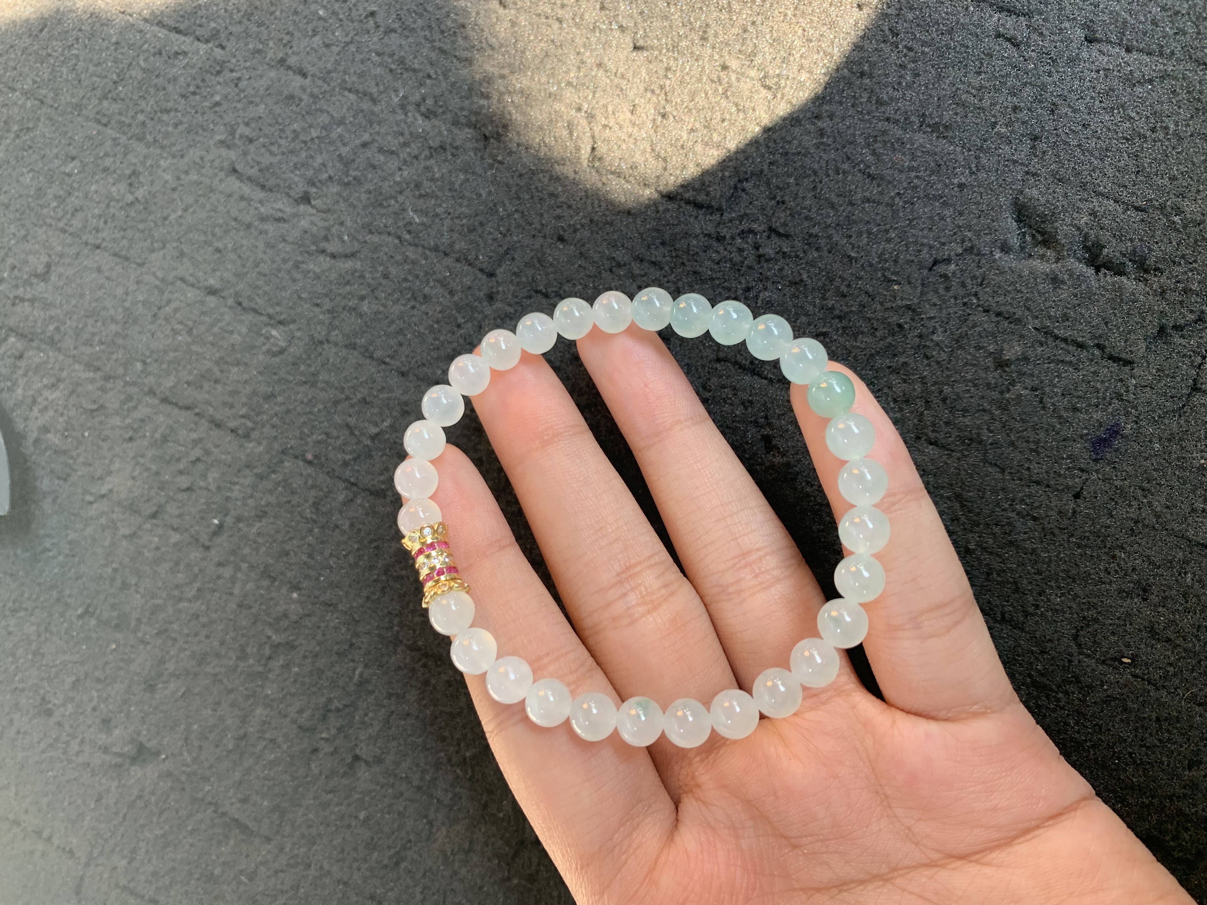 Gradient White-to-Green Jade Bead Bracelet with Embellished Accent - Burmese Jadeite from Myanmar