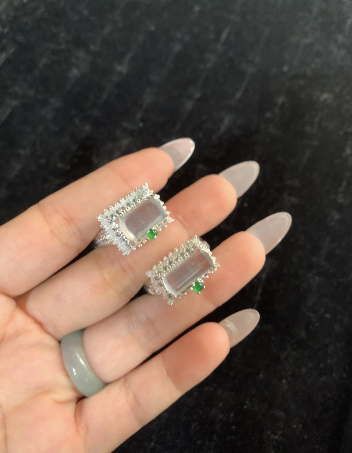 Icy White Jadeite Rectangular Cabochon Ring Pair — Diamond Halo & Emerald Accent, 18K Gold Plated Sterling Silver
