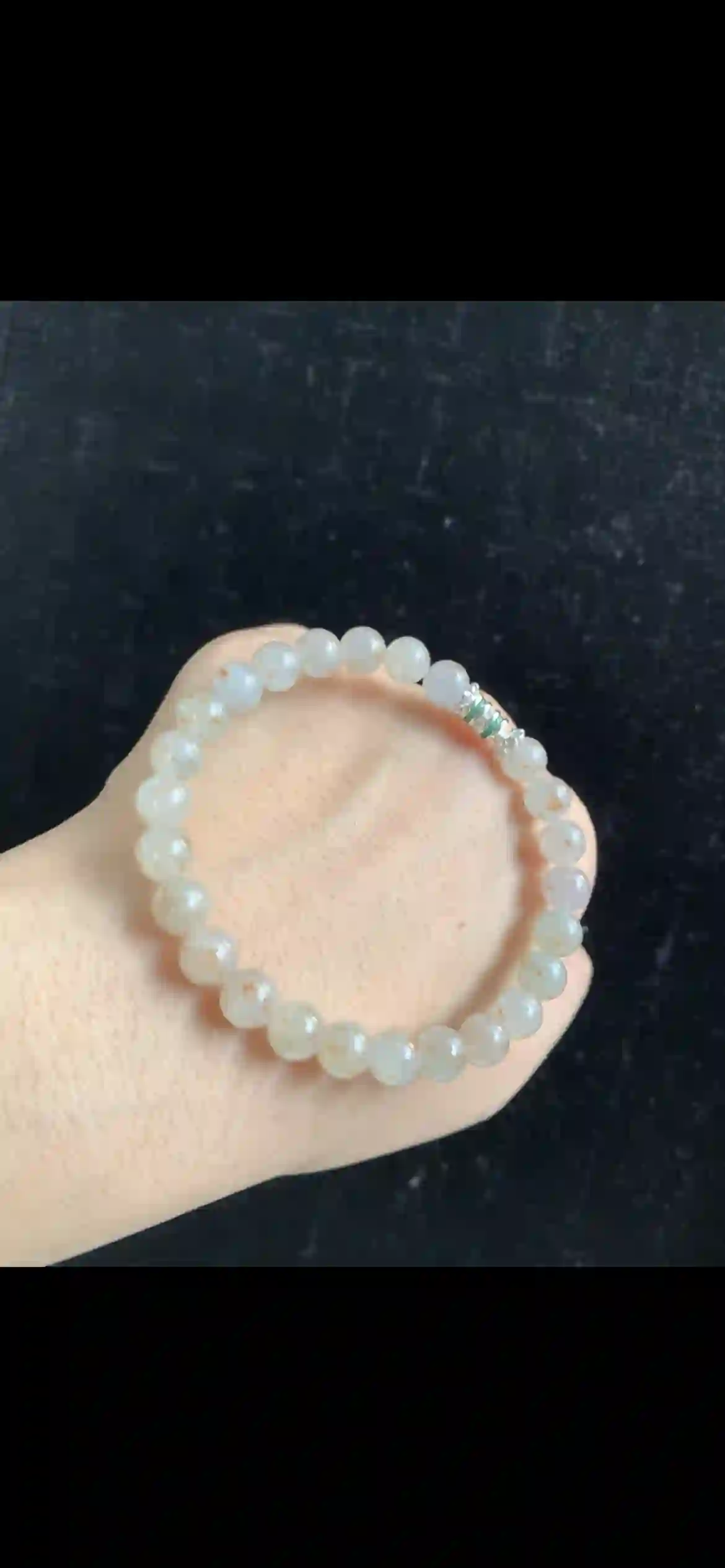 Icy Milky White Jade Bead Bracelet with Golden Flecks & Silver Accent, view 2 | Myanmar Jadeite reference #32490001