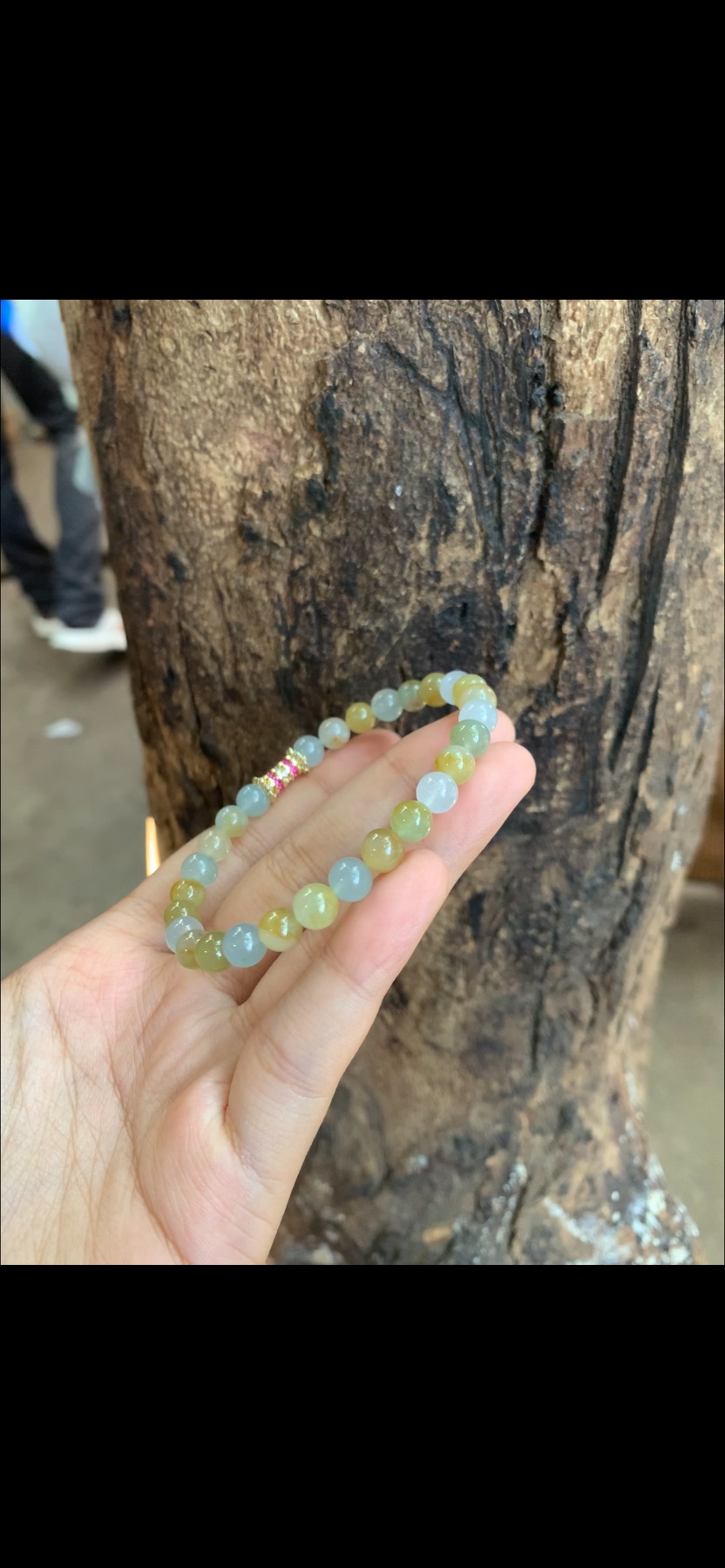 Natural Ice Variety Honey Yellow & Translucent Light Green Jadeite Bead Bracelet with Gold & Ruby-Red Accent | Myanmar Jadeite reference #38550001