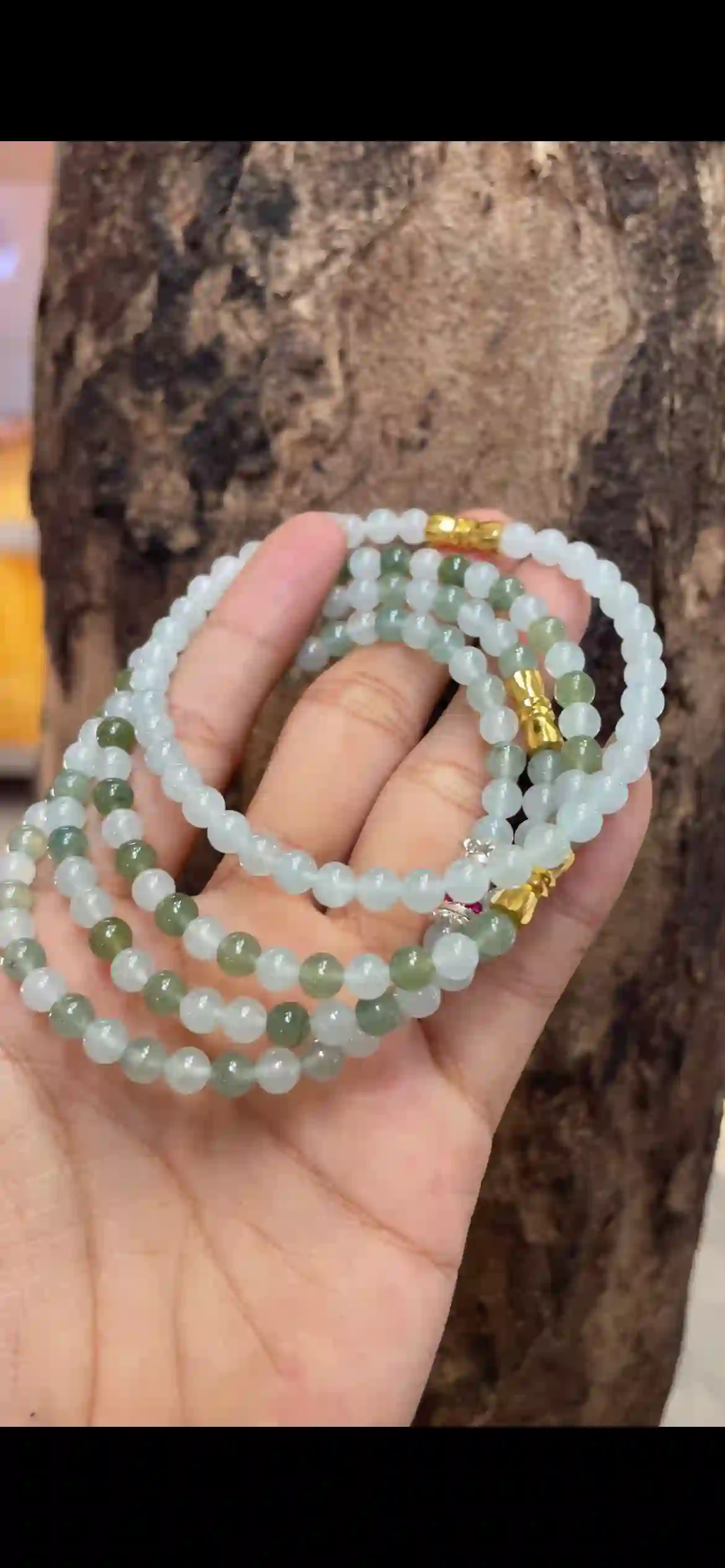  Icy White to Olive‑Green Gradient Jadeite Multi‑Loop Strand, view 2 | Myanmar Jadeite reference #10170001