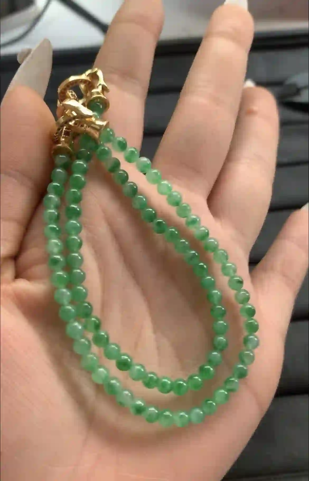 Rich Green Jade Bead Bracelets with Embellished Gold-Toned Clasps | Myanmar Jadeite reference #1380011