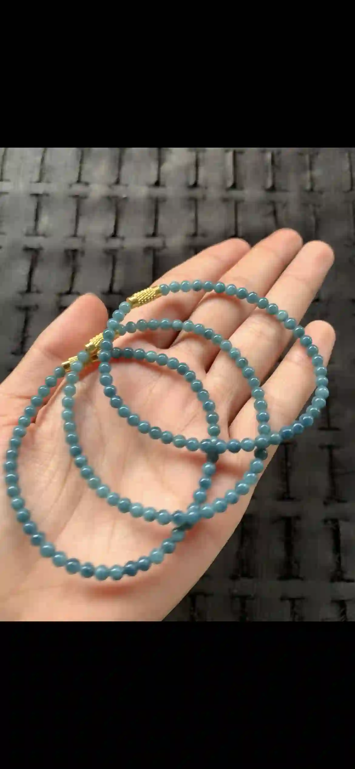 Deep Icy Blue Jade Multi-Wrap Beaded Bracelet with Textured Gold Accents, view 2 | Myanmar Jadeite reference #22980002
