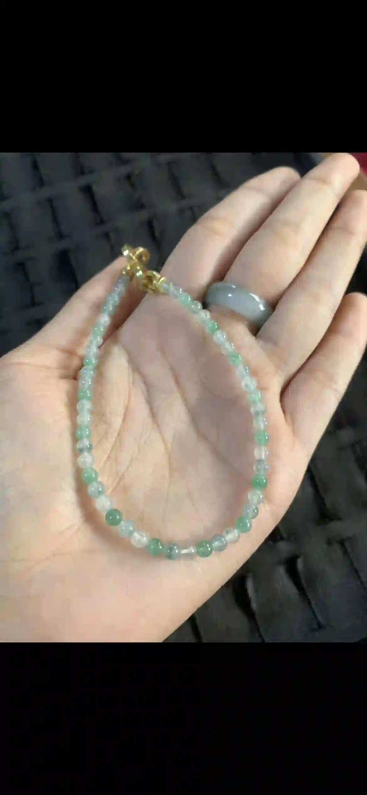 Delicate Gradient Green Jadeite Bead Bracelet with Gold‑Tone Clasp, view 2 | Myanmar Jadeite reference #26400001