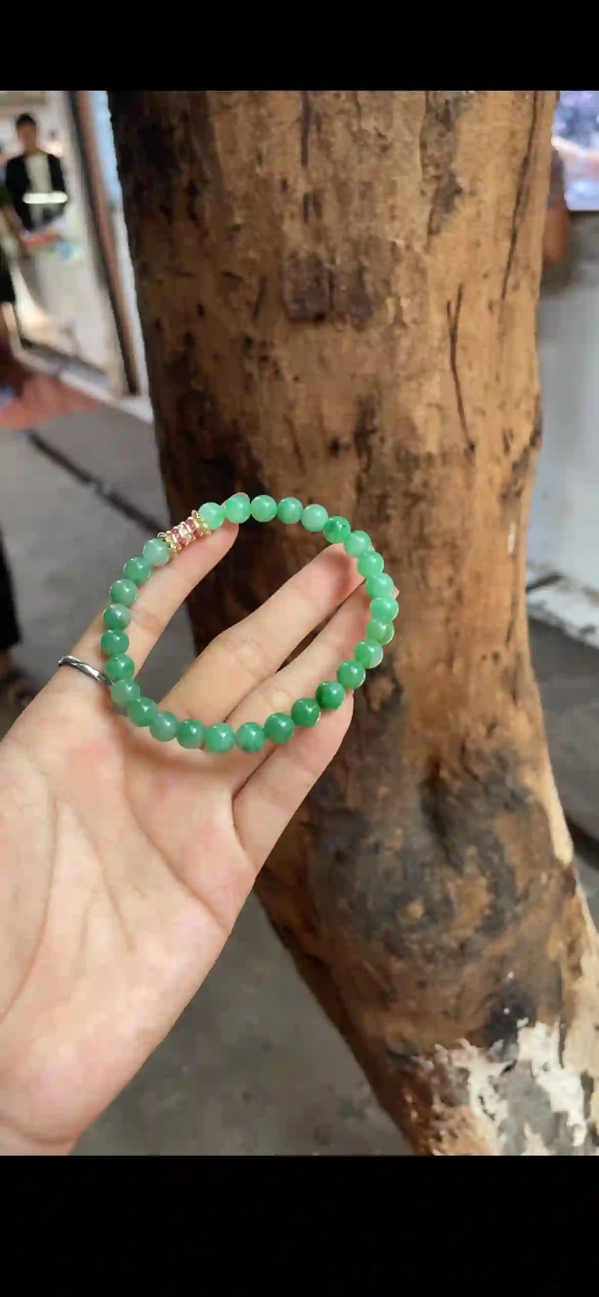 Vibrant Apple Green Jade Beaded Bracelet — Gold & Pink Crystal Accent Spacer, view 2 | Myanmar Jadeite reference #29400001