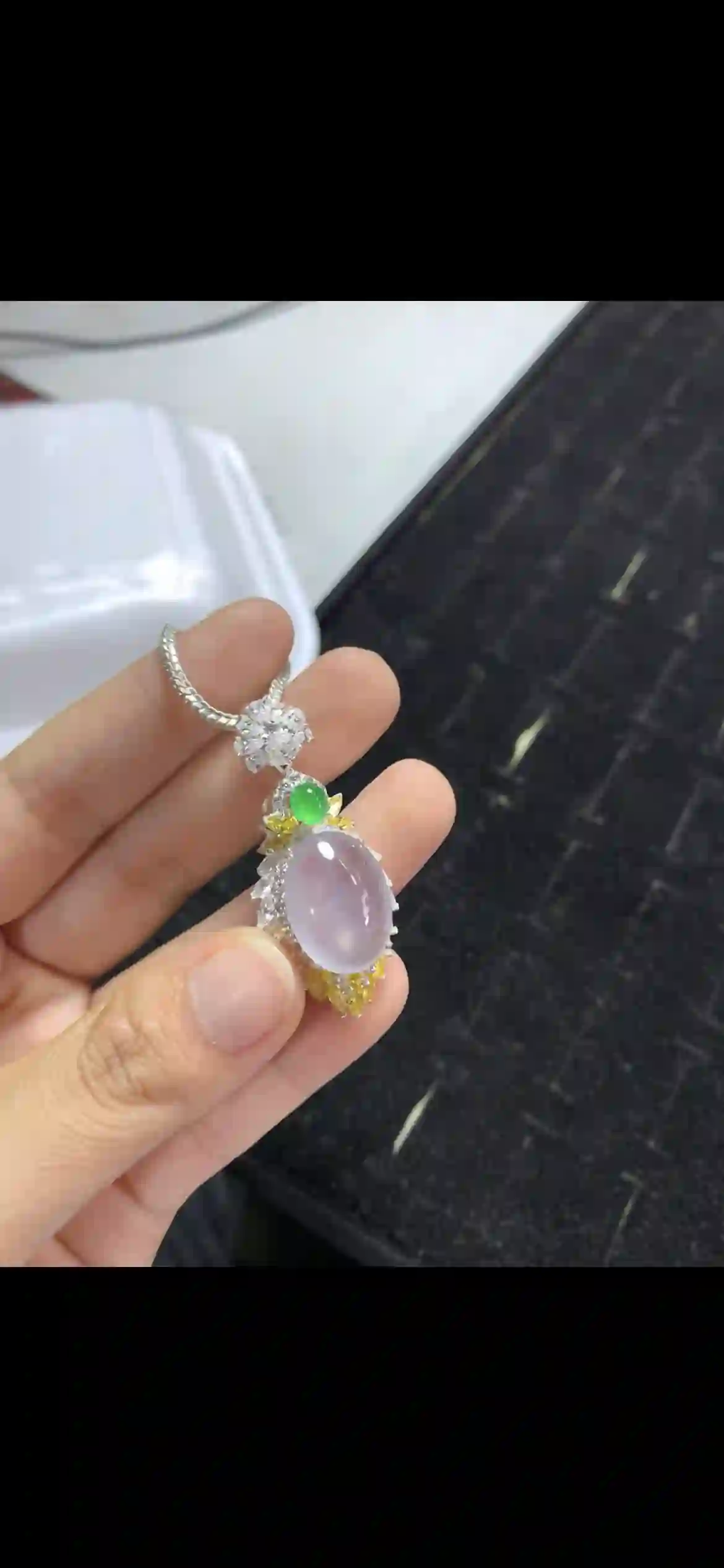 High-Icy White Jadeite Jewelry Set — Ring, Earrings & Pendant with Green Jade & Diamond Accents | Myanmar Jadeite reference #20340002