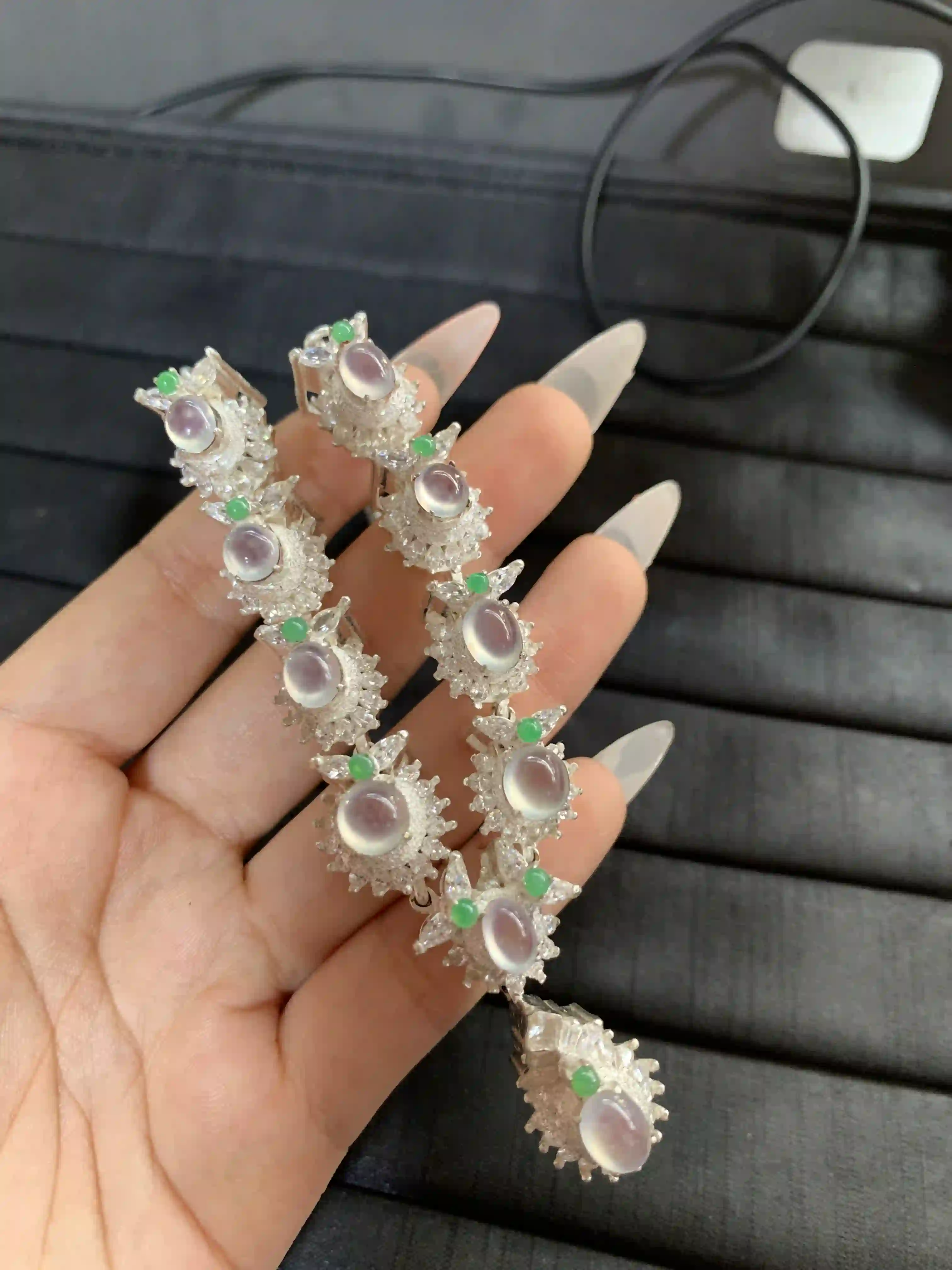Set of Silver-Toned Bracelets with Translucent & Green Gem Accents | Myanmar Jadeite reference #1350010
