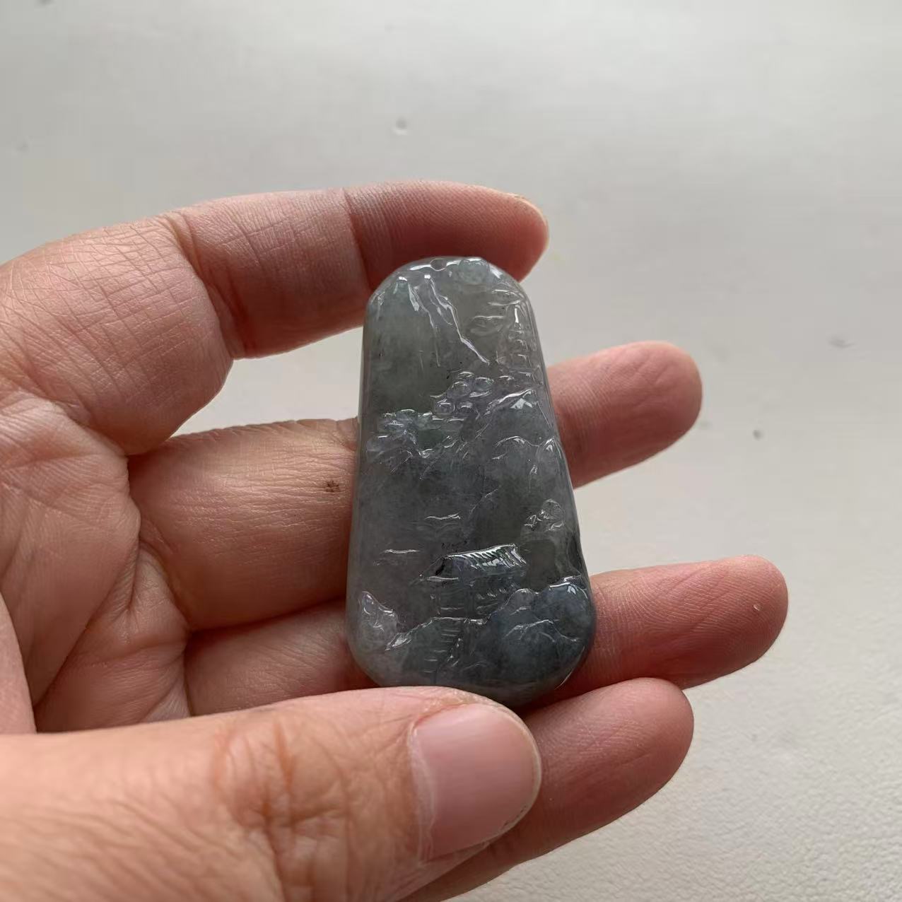   Dark Green Jade Pendant with Landscape Carving - Burmese Jadeite Type A from Hpakant, Myanmar | Myanmar Jadeite