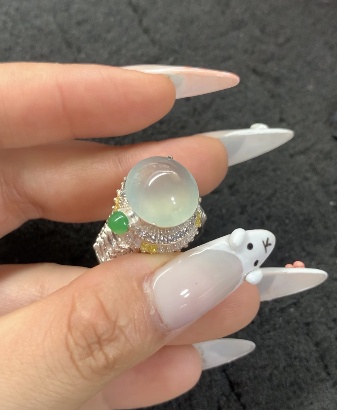 Icy Translucent Jadeite Ring with Multi-Gem Accents