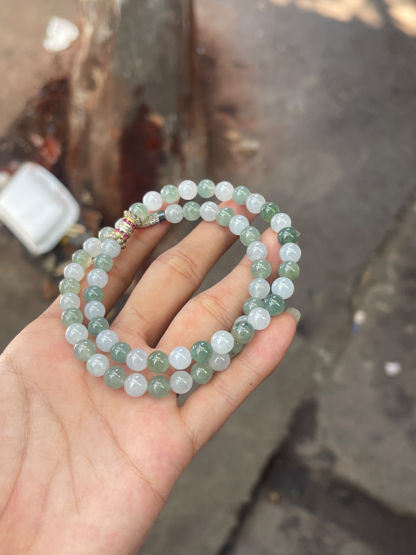 Natural Ice Variety Light Mint Green & Floating Green Jadeite Bead Double-Wrap Bracelet with Gold & Ruby-Red Accents - Burmese Jadeite from Myanmar