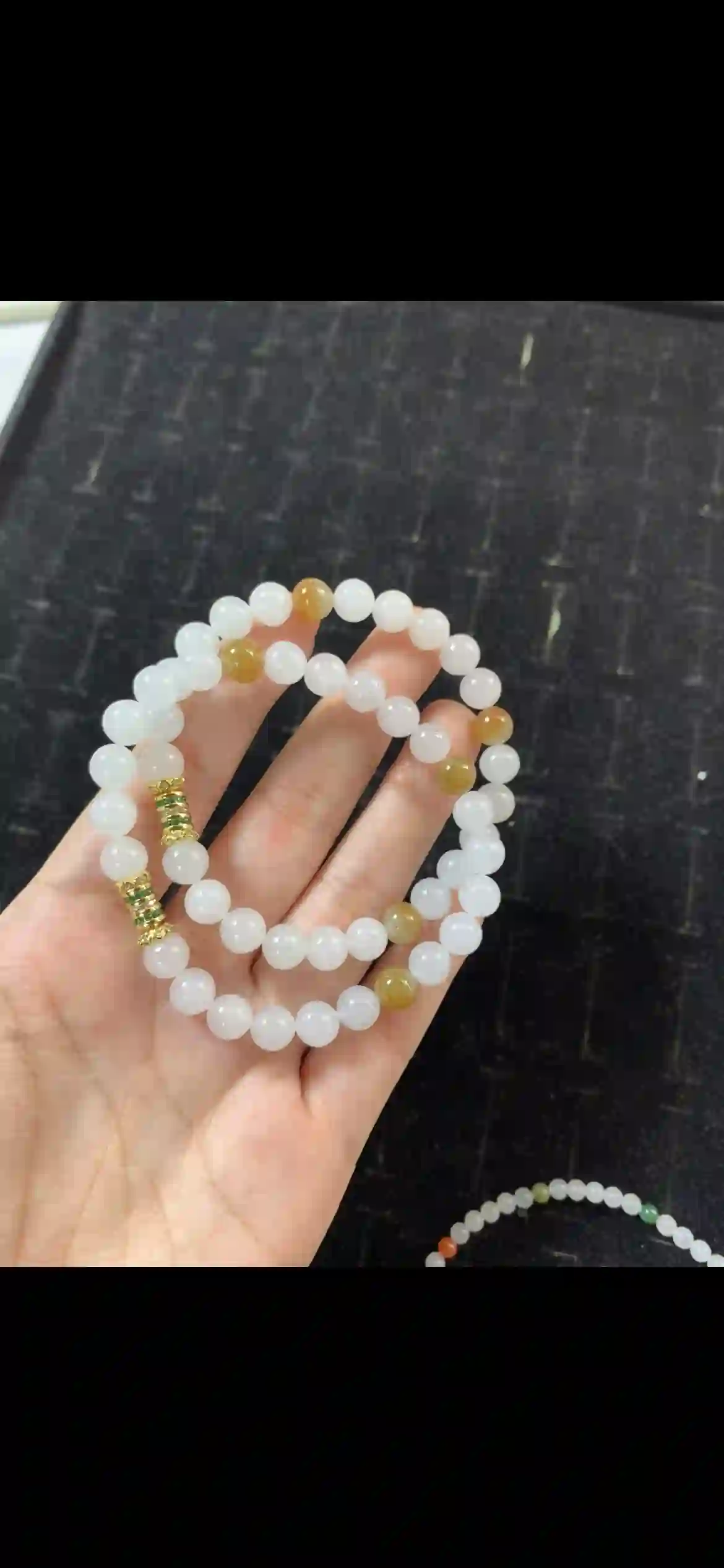 Icy White Jadeite Double-Strand Bracelet with Golden Yellow Accents & Gold-Green Crystal Details | Myanmar Jadeite reference #20850001