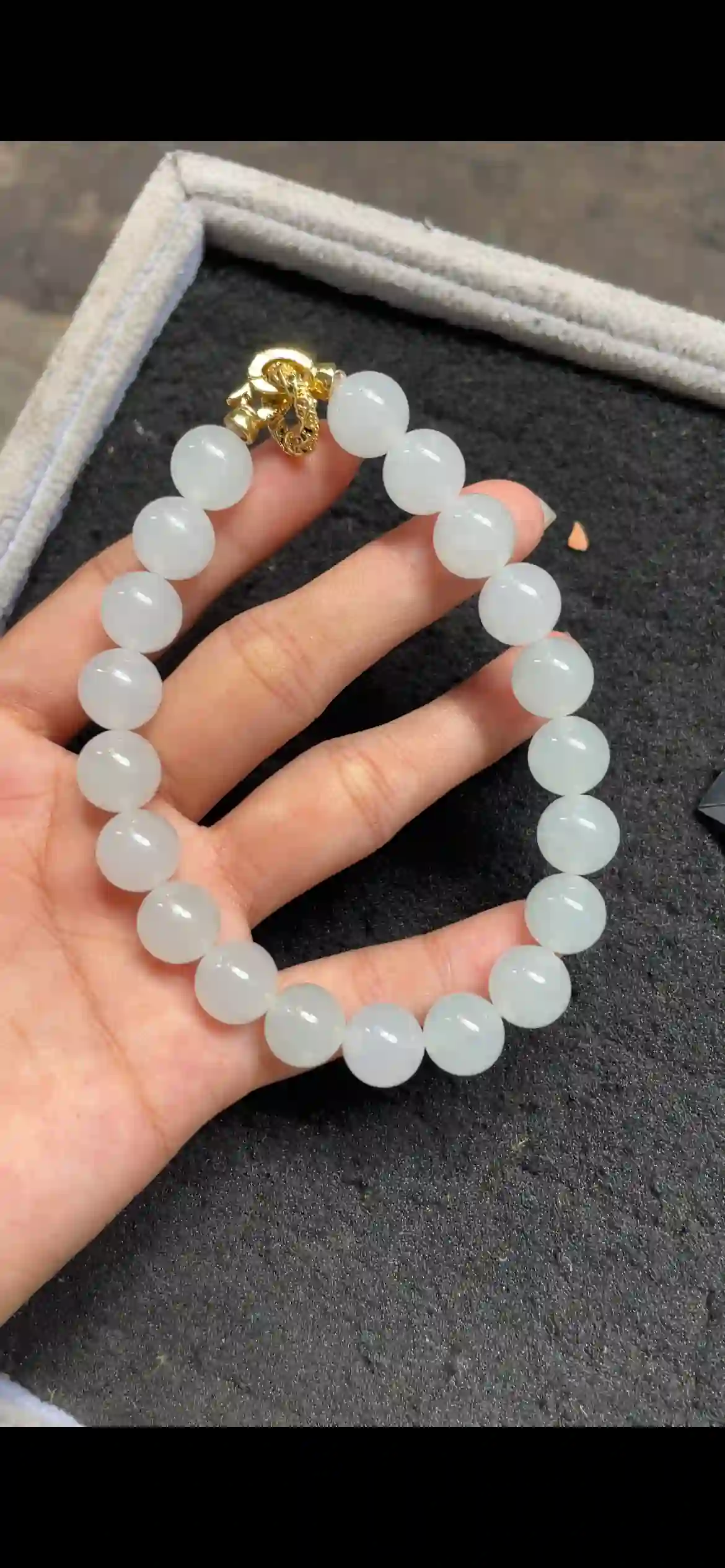  Icy Translucent White Jade Bead Bracelet with Gold Clasp, view 2 | Myanmar Jadeite reference #6570001