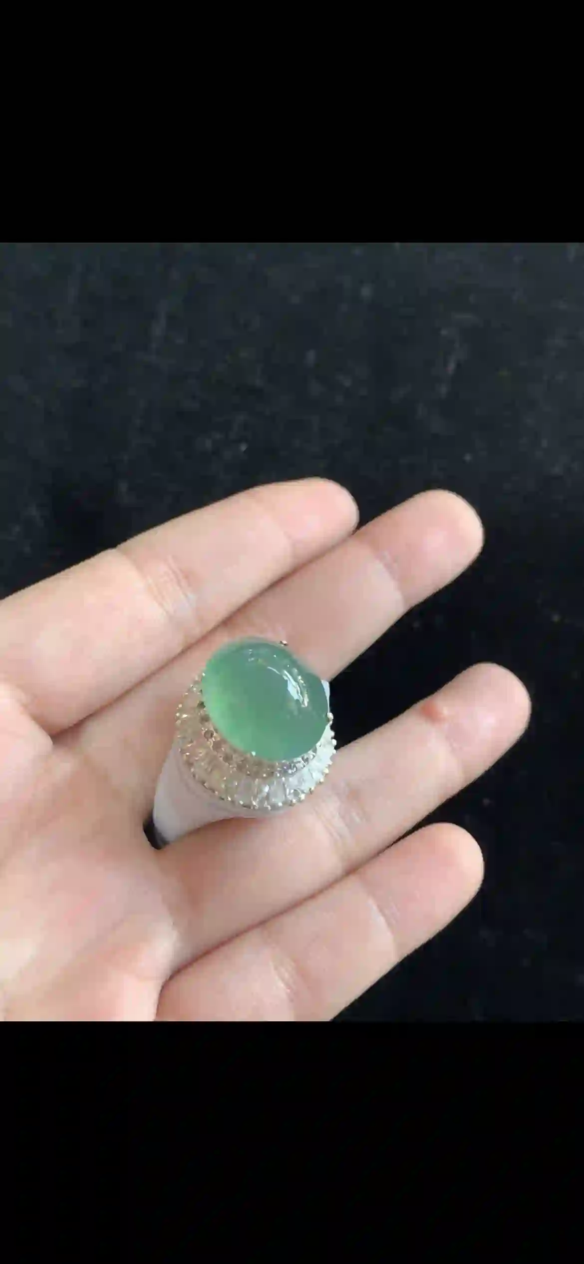 Icy Emerald-Green Jade Cabochon Ring — Baguette Diamond Halo Luxury Design | Myanmar Jadeite reference #34890001