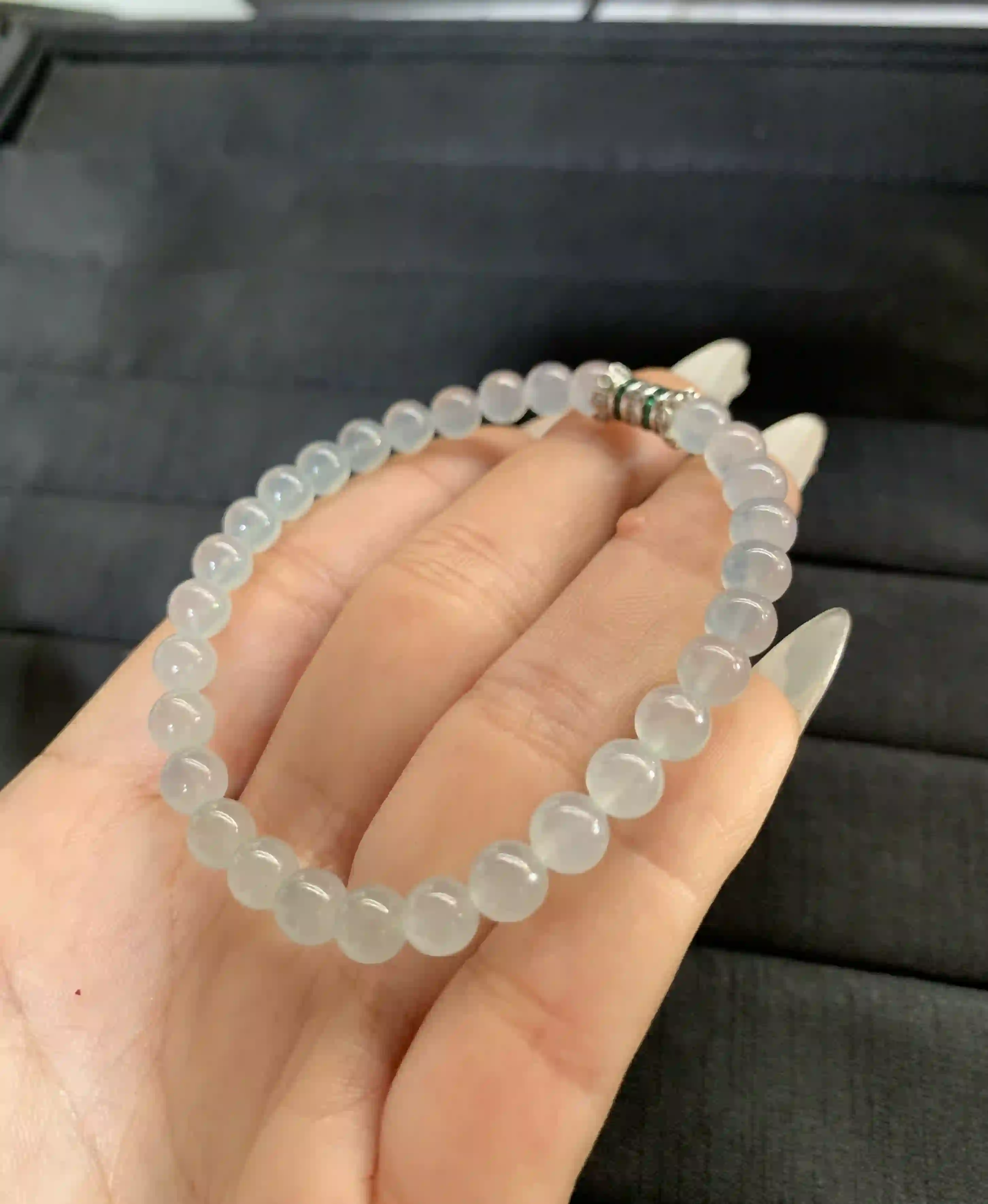 Translucent Light Jade Beaded Bracelet with Decorative Clasp, view 2 | Myanmar Jadeite reference #1590002