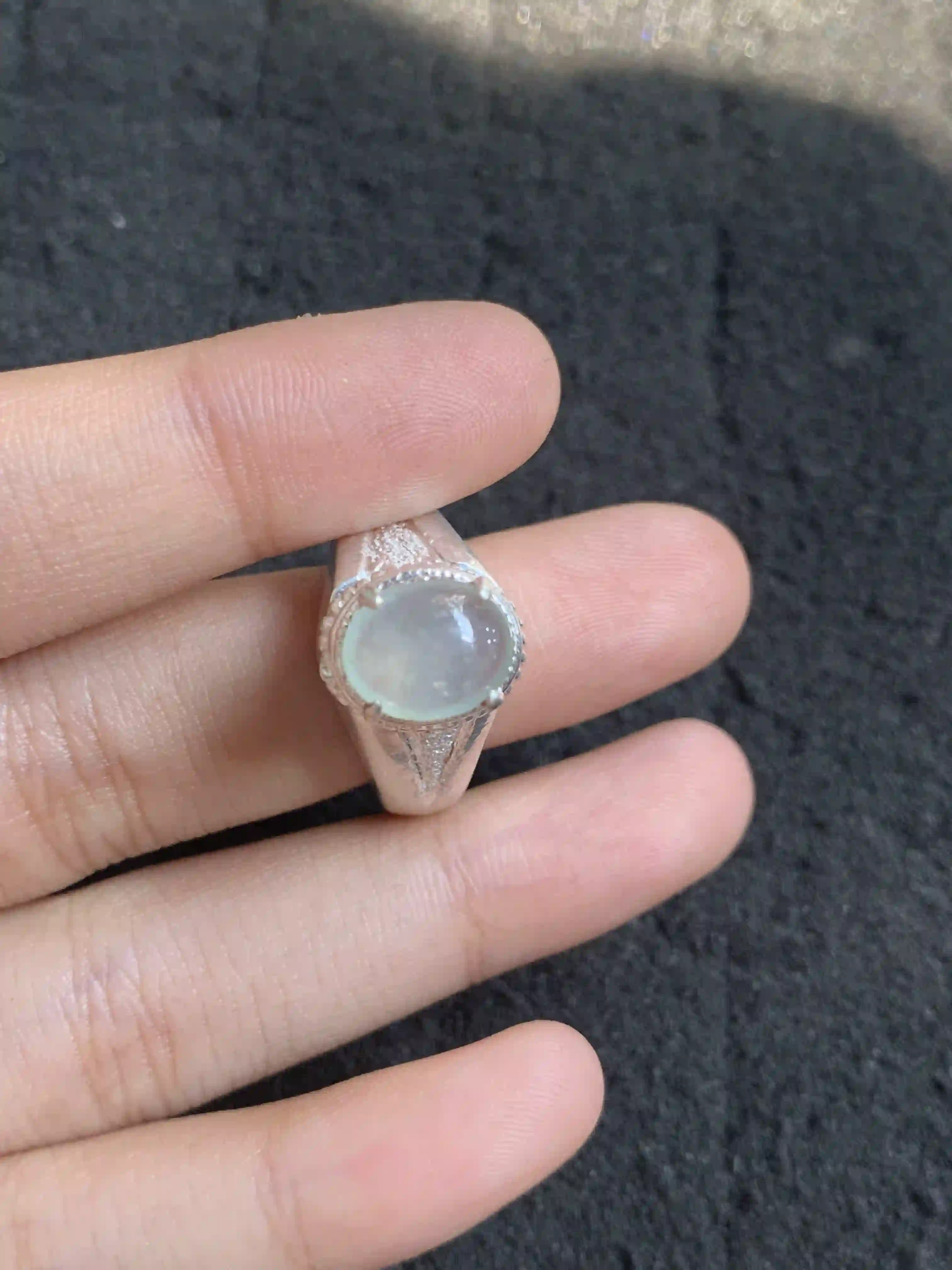 Elegant Translucent Gemstone Ring on Finger, view 2 | Myanmar Jadeite reference #1110001