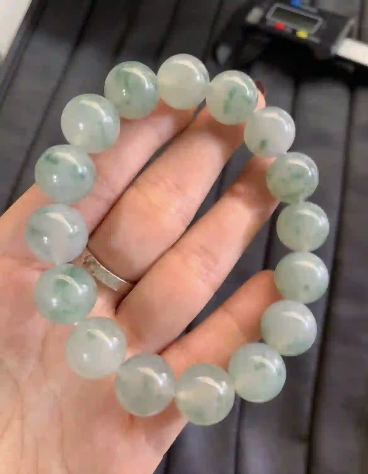 Icy Translucent Floating Green Pattern Jadeite Beaded Bracelet | Myanmar Jadeite reference #3870001
