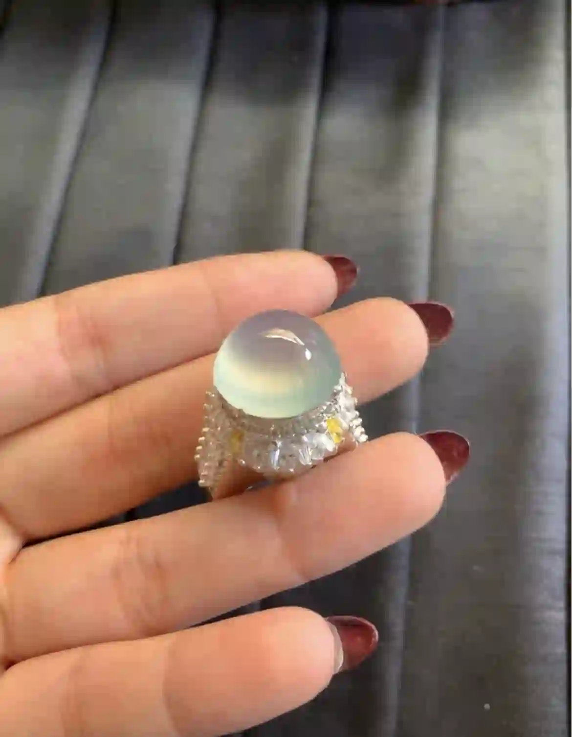   Icy High-Translucency White Jade Round Cabochon Ring with Diamond Halo, view 2 | Myanmar Jadeite reference #2910005