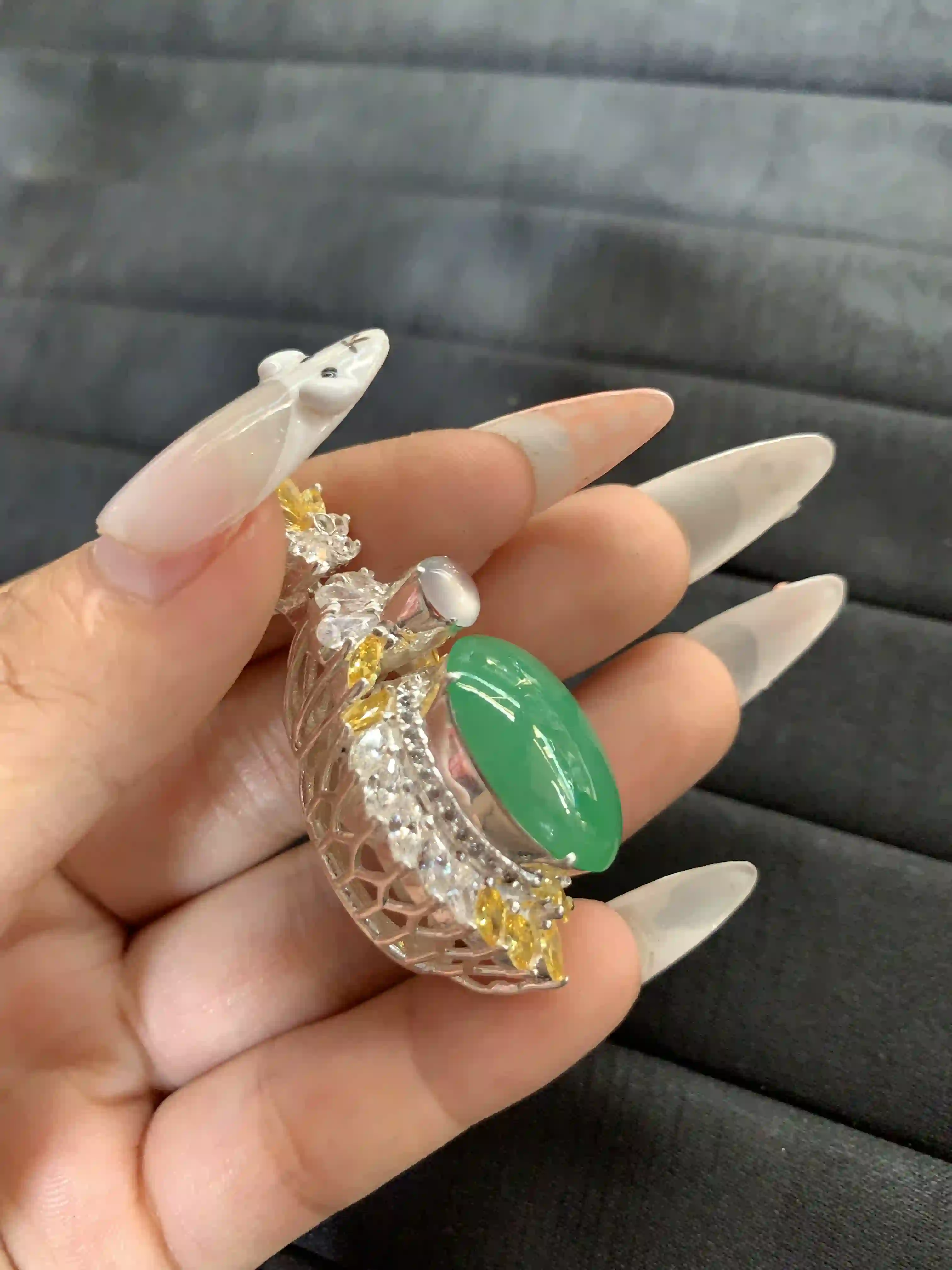 Exquisite Green Gemstone Ring with Dual-Tone Metal Design, view 2 | Myanmar Jadeite reference #1500001