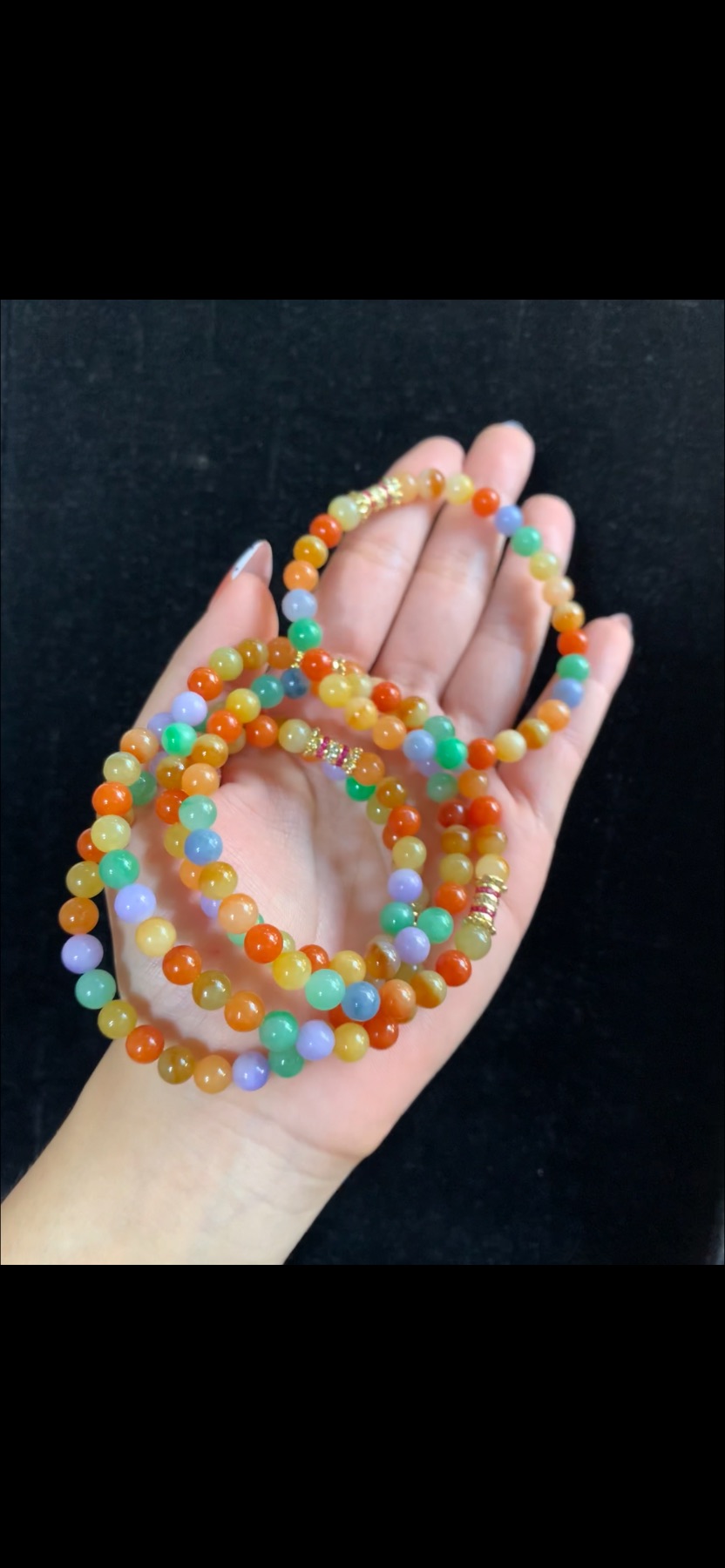 Natural Ice Variety Vibrant Multicolor Jadeite Bead Bracelet Set with Gold & Ruby-Red Accents | Myanmar Jadeite reference #38220001