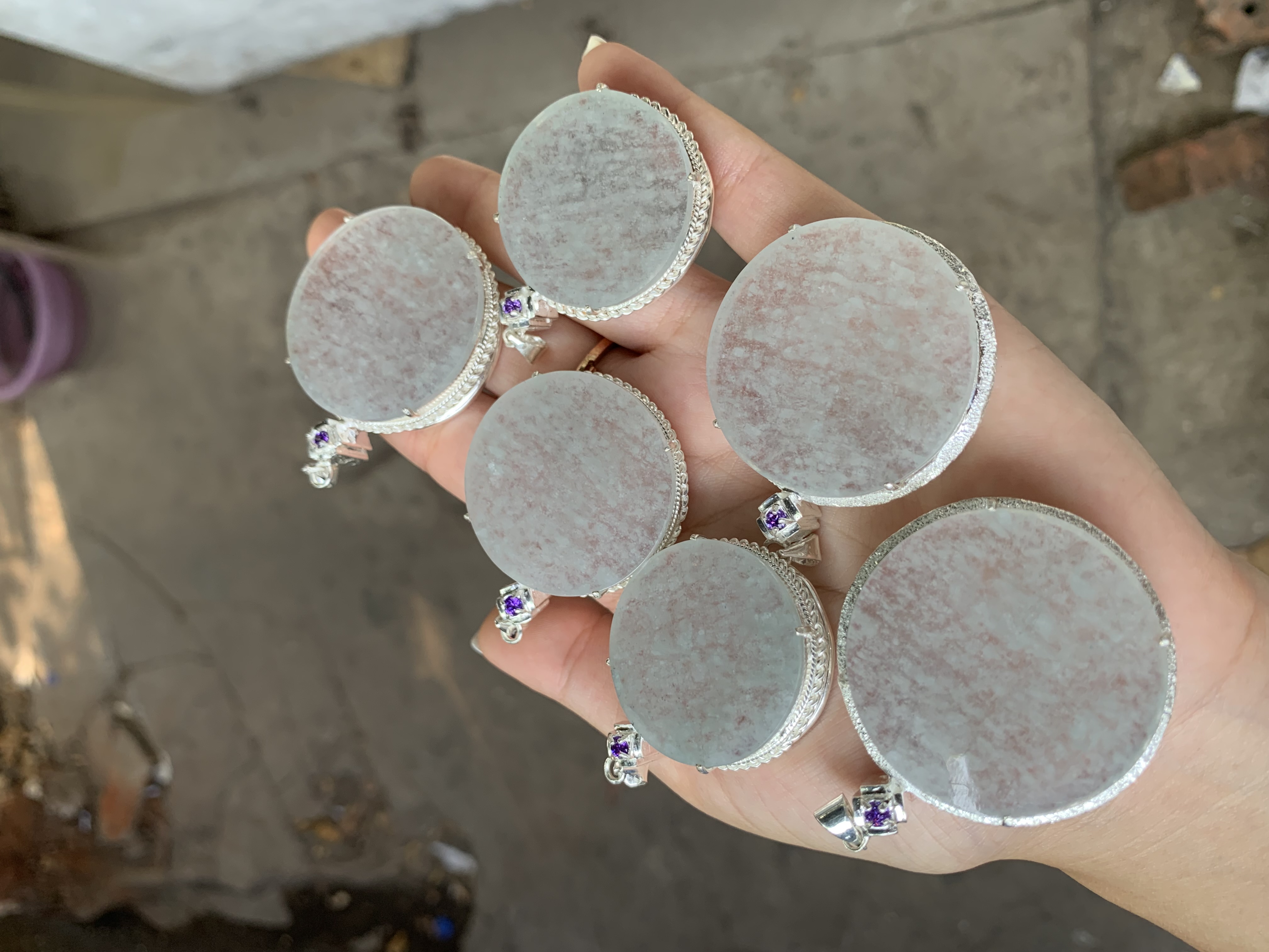 Round Jade Pendants with Silver Settings and Purple Accents