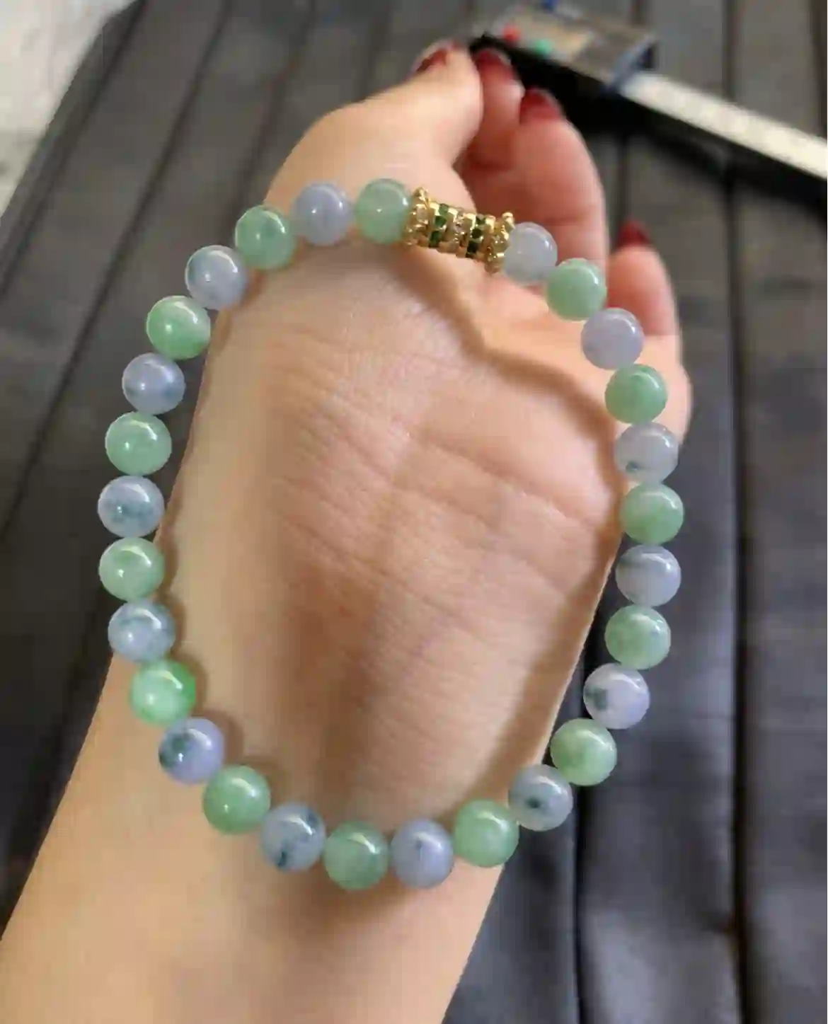   Lavender & Green Floating Flower Jade Bead Bracelet with Gold Spacer | Myanmar Jadeite reference #2880008
