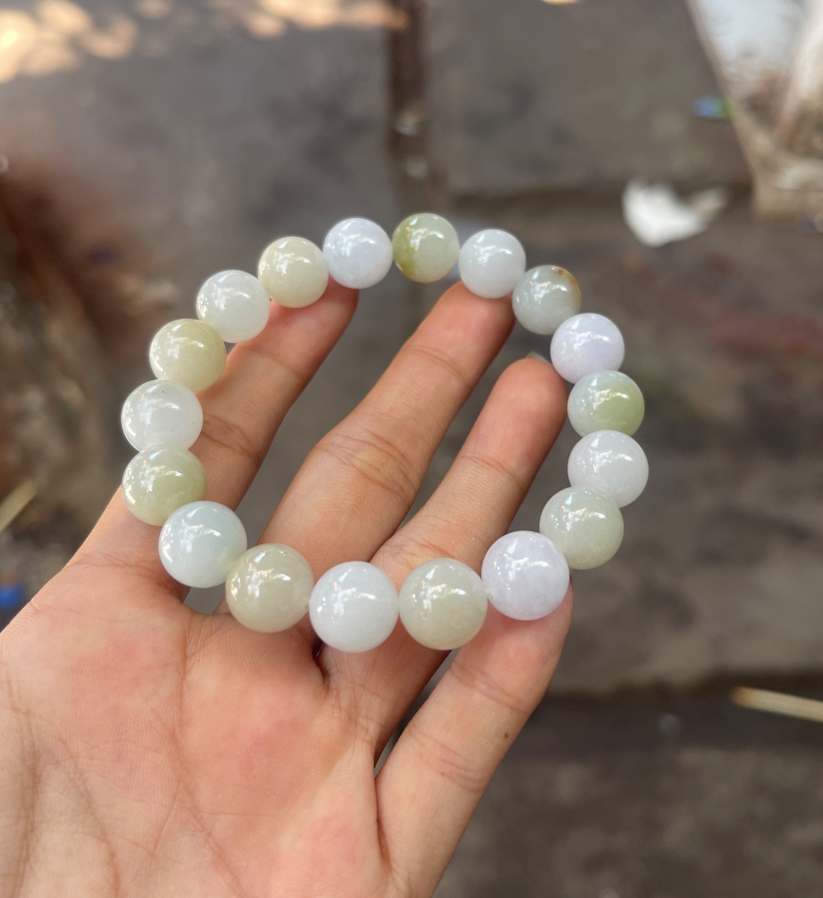 Natural Ice Variety Light Lavender, Mint Green & Honey Yellow Tri-Color Jadeite Bead Bracelet - Burmese Jadeite from Myanmar