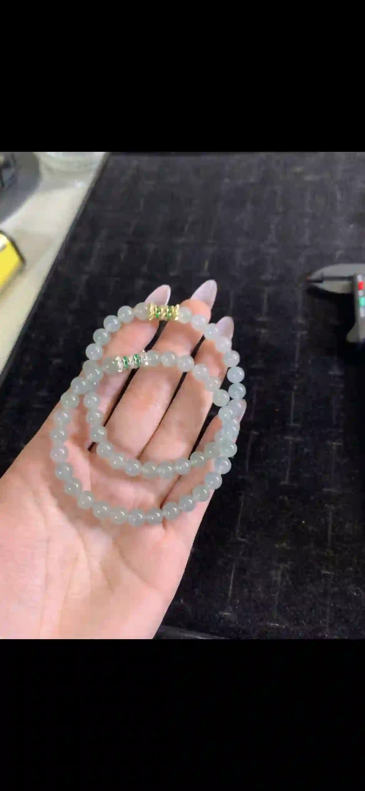 Icy Pale Gray‑Green Jadeite Bead Double‑Loop Bracelet with Accent Beads, view 2 | Myanmar Jadeite reference #26250001